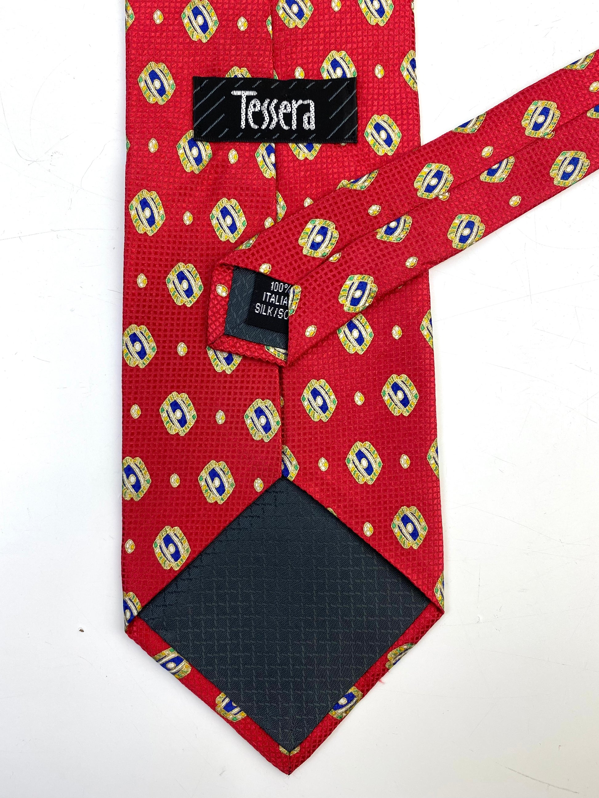 Back and labels of: 90s Deadstock Silk Necktie, Men's Vintage Red/Blue Geometric Pattern Tie, NOS