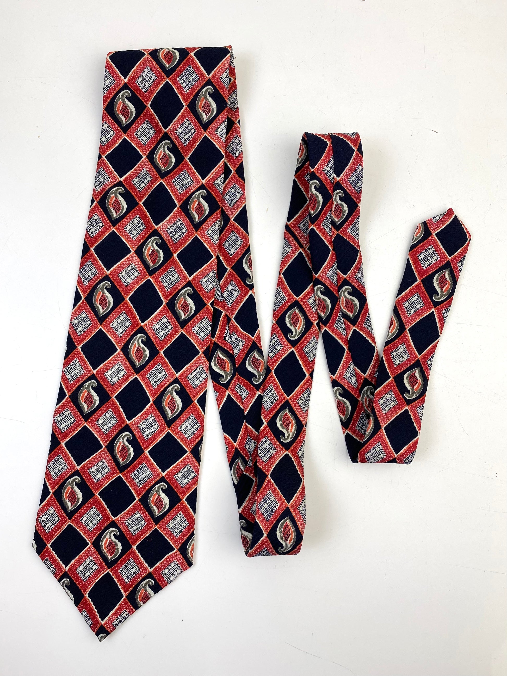 Front of: 90s Deadstock Silk Necktie, Men's Vintage Red/Blue Check Boteh Pattern Tie, NOS