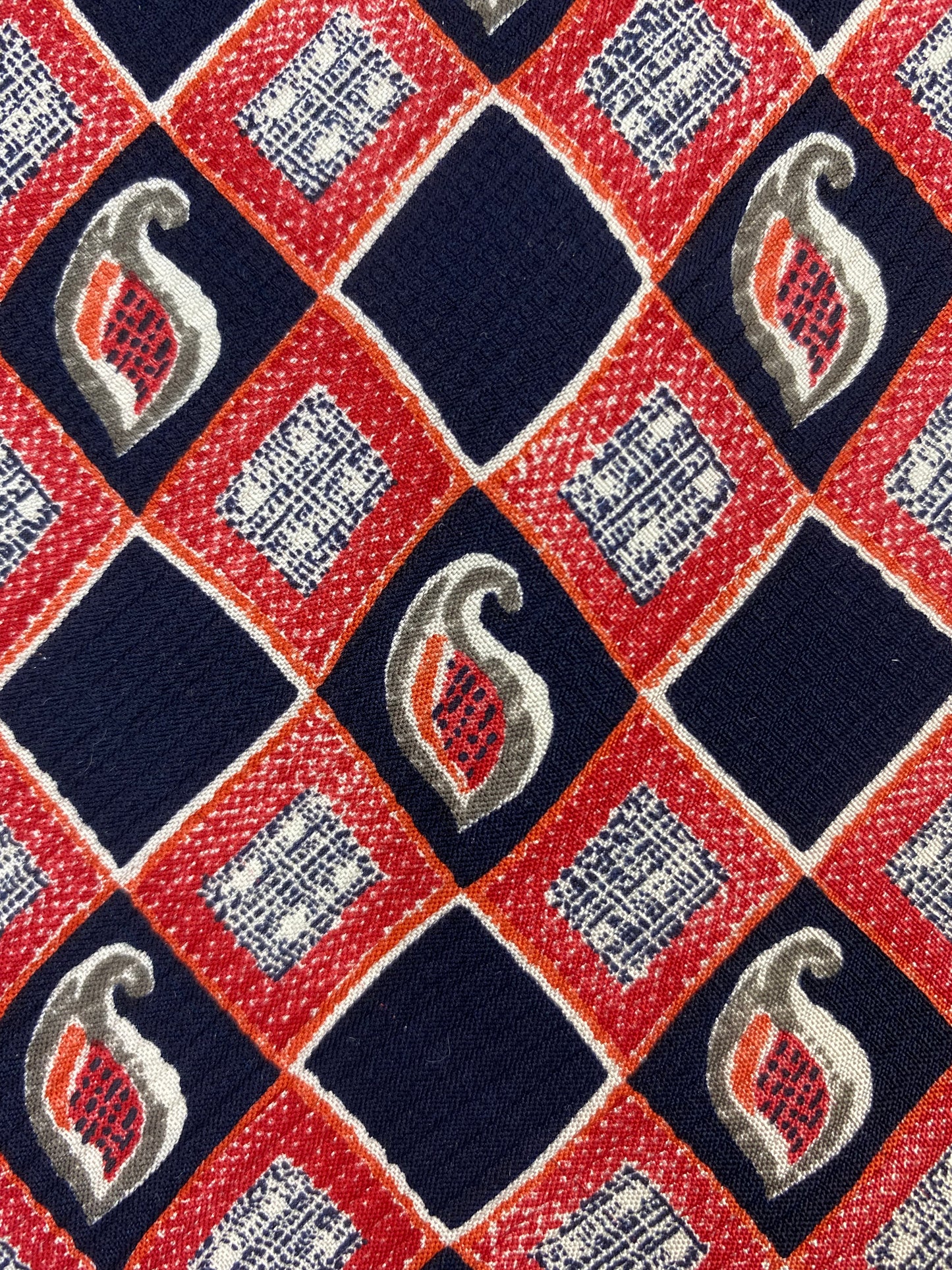 Close-up of: 90s Deadstock Silk Necktie, Men's Vintage Red/Blue Check Boteh Pattern Tie, NOS