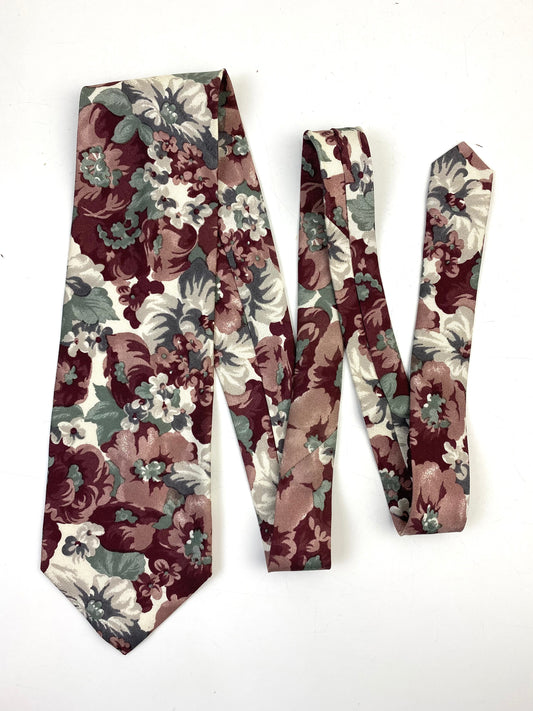 Front of: 90s Deadstock Silk Necktie, Men's Vintage Wine/ Green Floral Pattern Tie, NOS