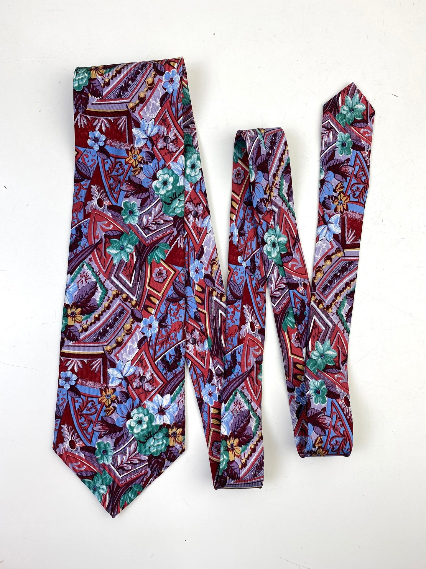 Front of: 90s Deadstock Silk Necktie, Men's Vintage Red/Purple/ Green Abstract Floral Pattern Tie, NOS
