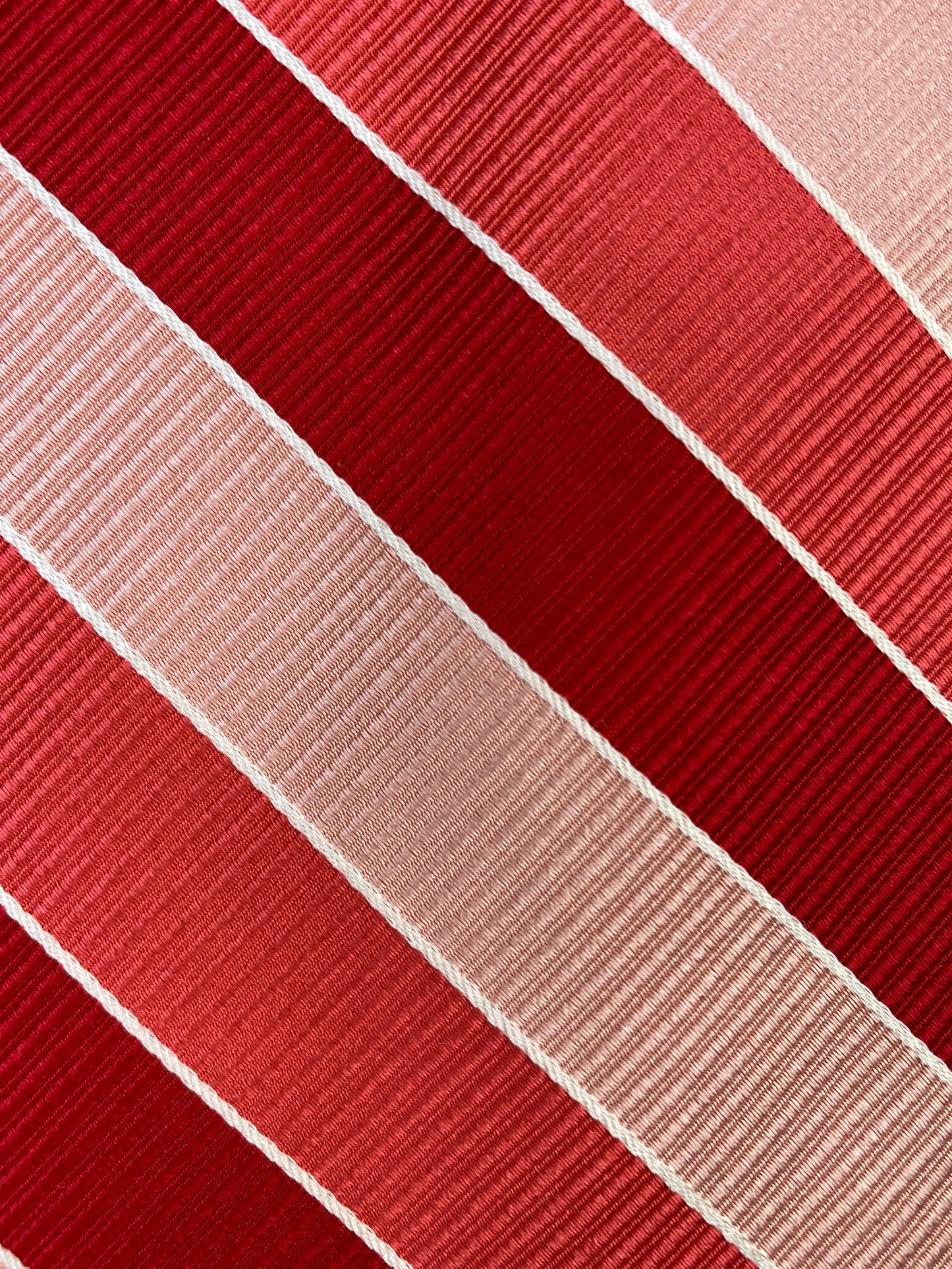 Close-up of: 90s Deadstock Silk Necktie, Men's Vintage Red/Pink Diagonal Repp Stripe Pattern Tie, NOS