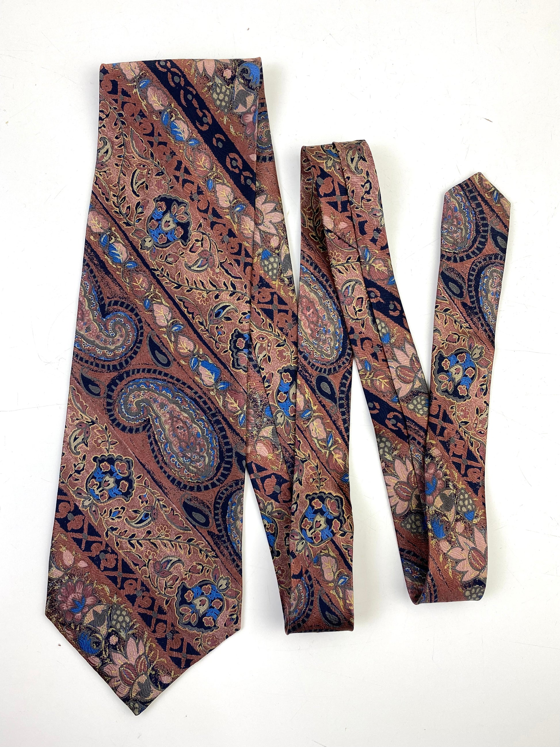 Front of: 90s Deadstock Silk Necktie, Men's Vintage Pink/ Blue Paisley Pattern Tie, NOS