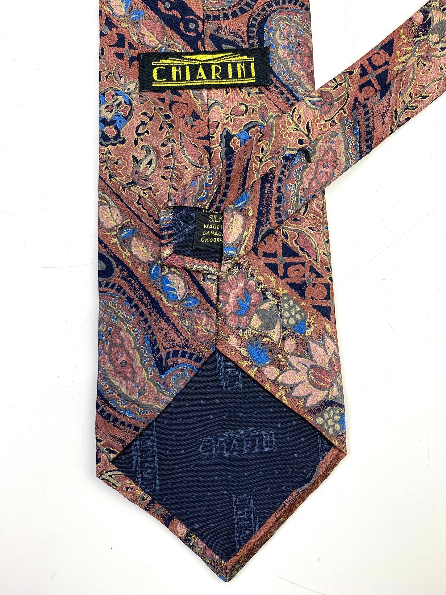 Back and labels of: 90s Deadstock Silk Necktie, Men's Vintage Pink/ Blue Paisley Pattern Tie, NOS
