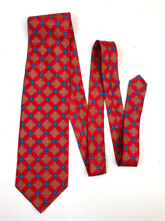 Front of: 90s Deadstock Silk Necktie, Men's Vintage Red/Blue Medallion Pattern Tie, NOS