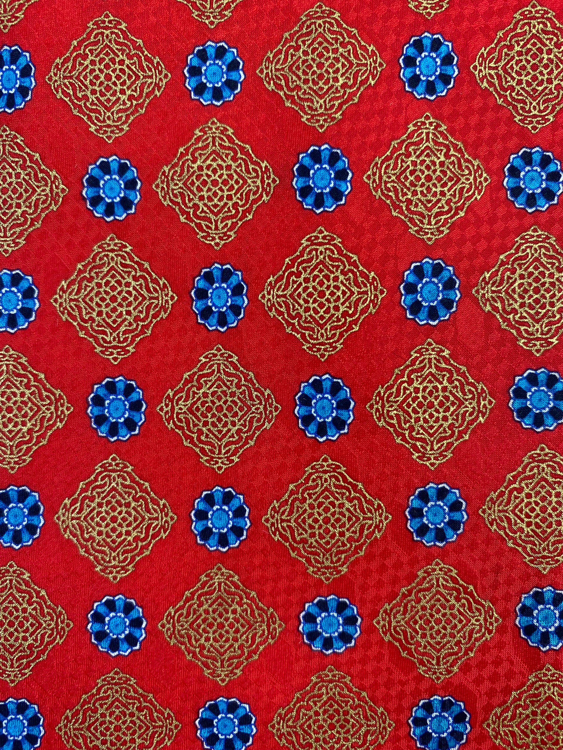 Close-up of: 90s Deadstock Silk Necktie, Men's Vintage Red/Blue Medallion Pattern Tie, NOS