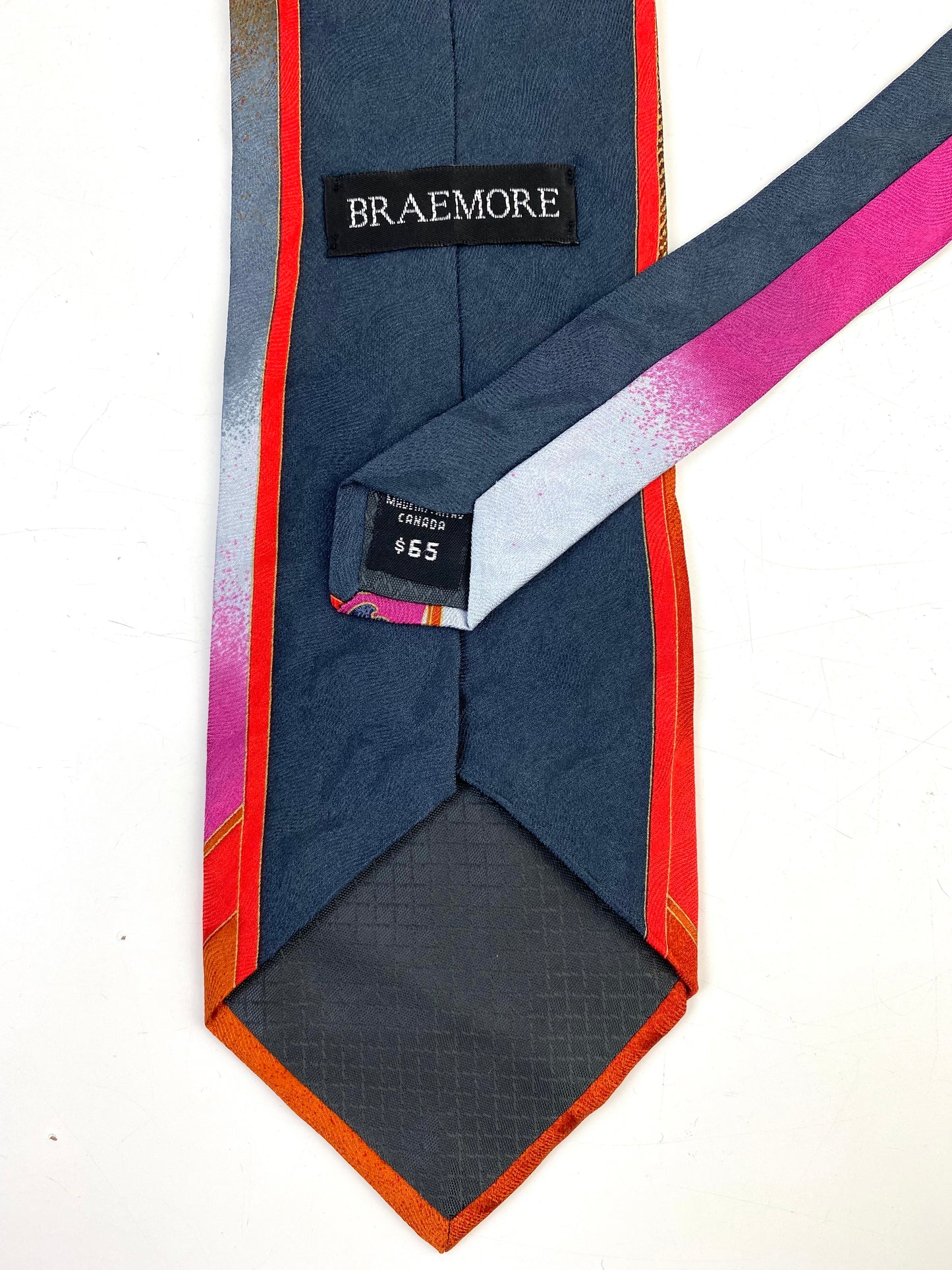 Back and labels of: 90s Deadstock Silk Necktie, Men's Vintage Red/ Pink/ Orange Filigree Pattern Tie, NOS