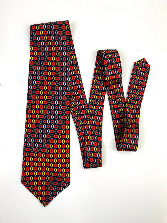90s Deadstock Silk Necktie, Men's Vintage Red/ Blue Ogee Quatrefoil Pattern Tie, NOS