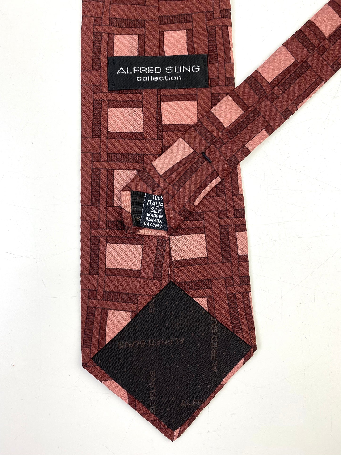 90s Deadstock Silk Necktie, Men's Vintage Brown/ Pink Lattice Pattern Tie, NOS
