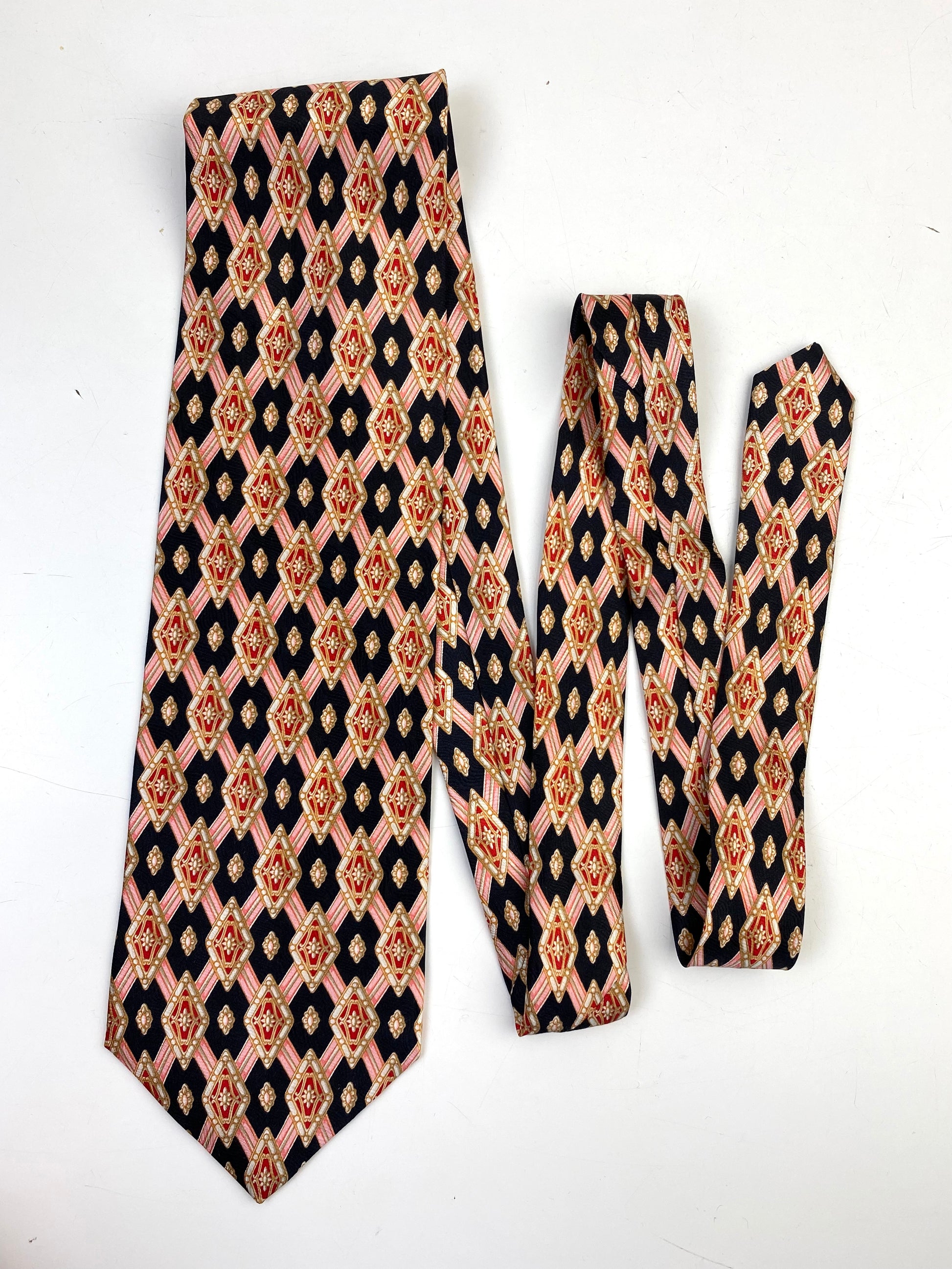 90s Deadstock Silk Necktie, Men's Vintage Black/ Pink Geometric Lattice Diamond Pattern Tie, NOS