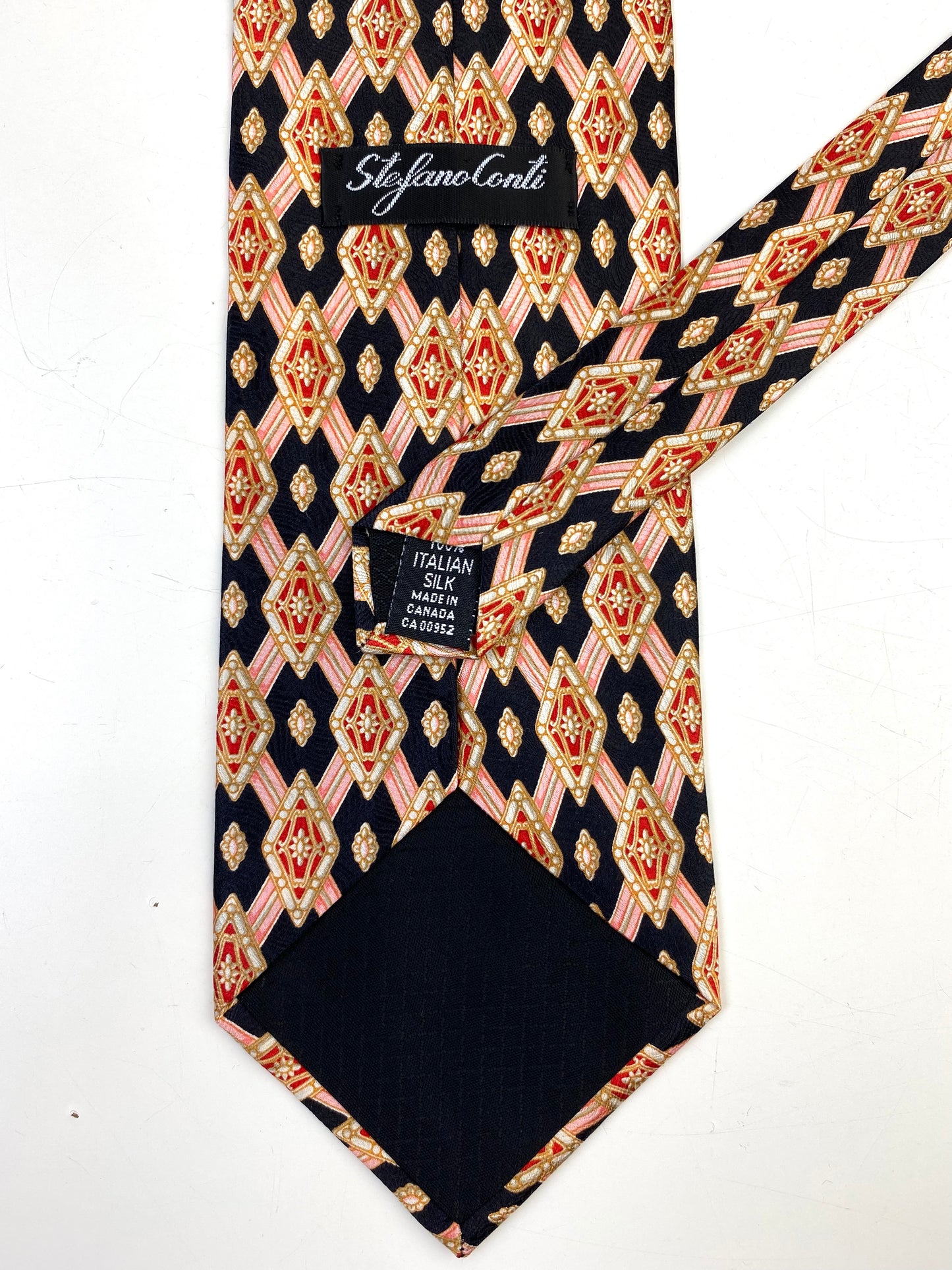90s Deadstock Silk Necktie, Men's Vintage Black/ Pink Geometric Lattice Diamond Pattern Tie, NOS