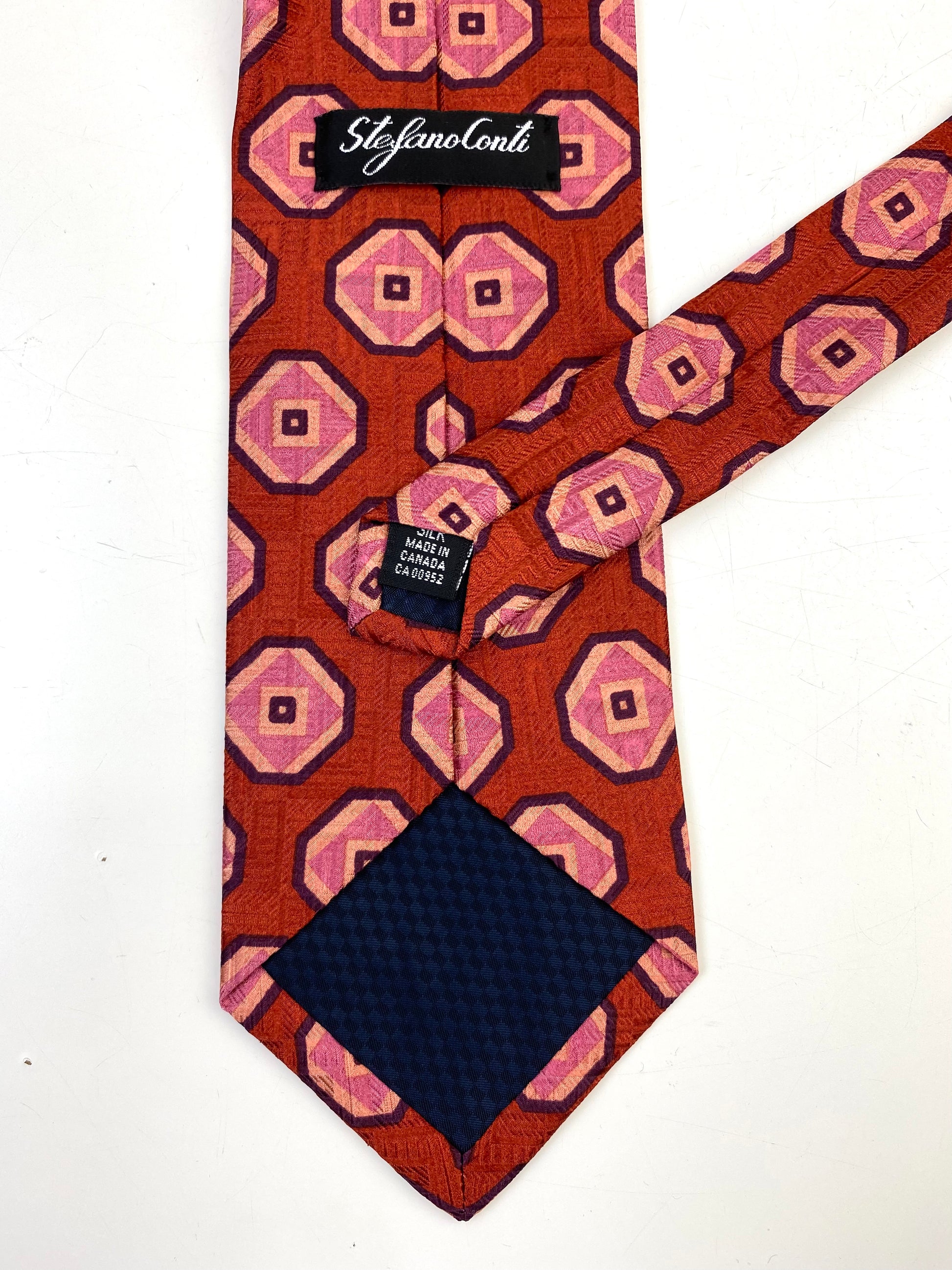 90s Deadstock Silk Necktie, Men's Vintage Red/ Pink Geometric Pattern Tie, NOS