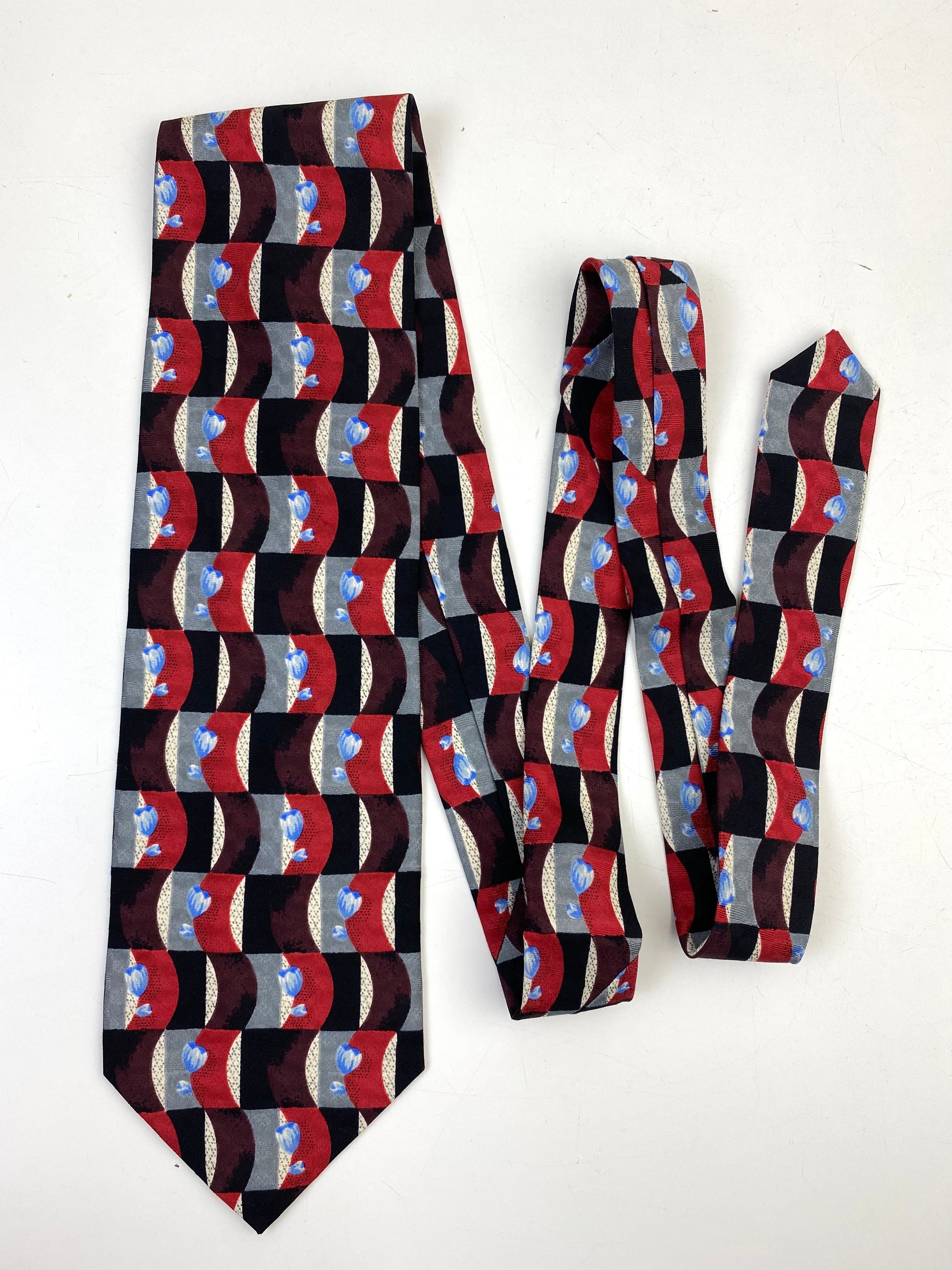 90s Deadstock Silk Necktie, Men's Vintage Red/ Black Geometric Wave & Floral Pattern Tie, NOS