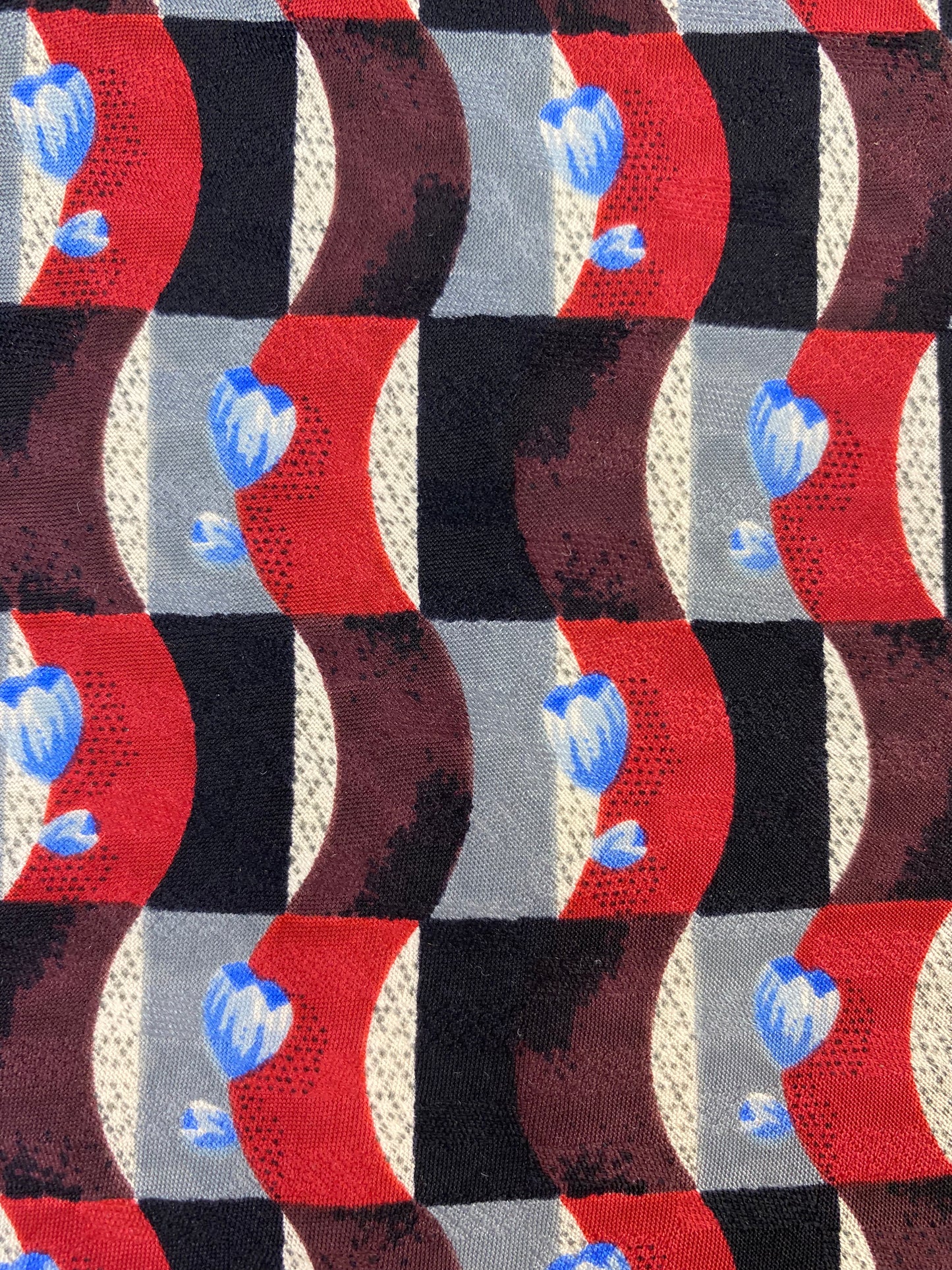 90s Deadstock Silk Necktie, Men's Vintage Red/ Black Geometric Wave & Floral Pattern Tie, NOS