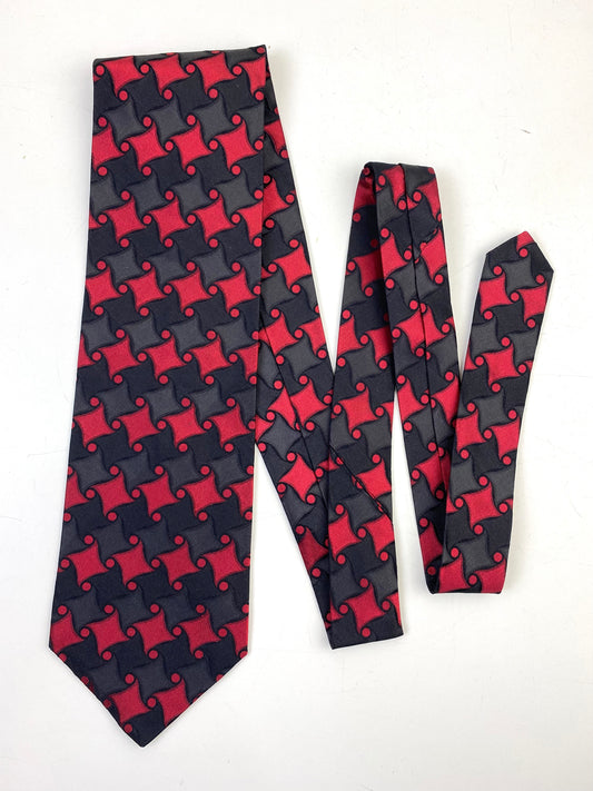 90s Deadstock Silk Necktie, Men's Vintage Red/ Black Geometric Pattern Tie, NOS
