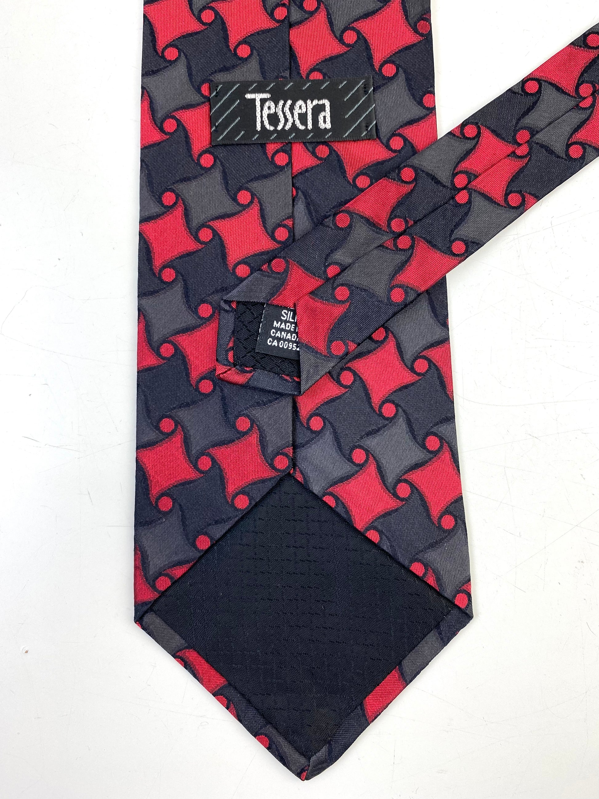 90s Deadstock Silk Necktie, Men's Vintage Red/ Black Geometric Pattern Tie, NOS