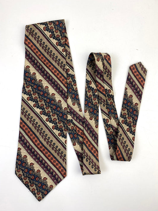 90s Deadstock Silk Necktie, Men's Vintage Blue/ Taupe Botanical Diagonal Stripe Pattern Tie, NOS