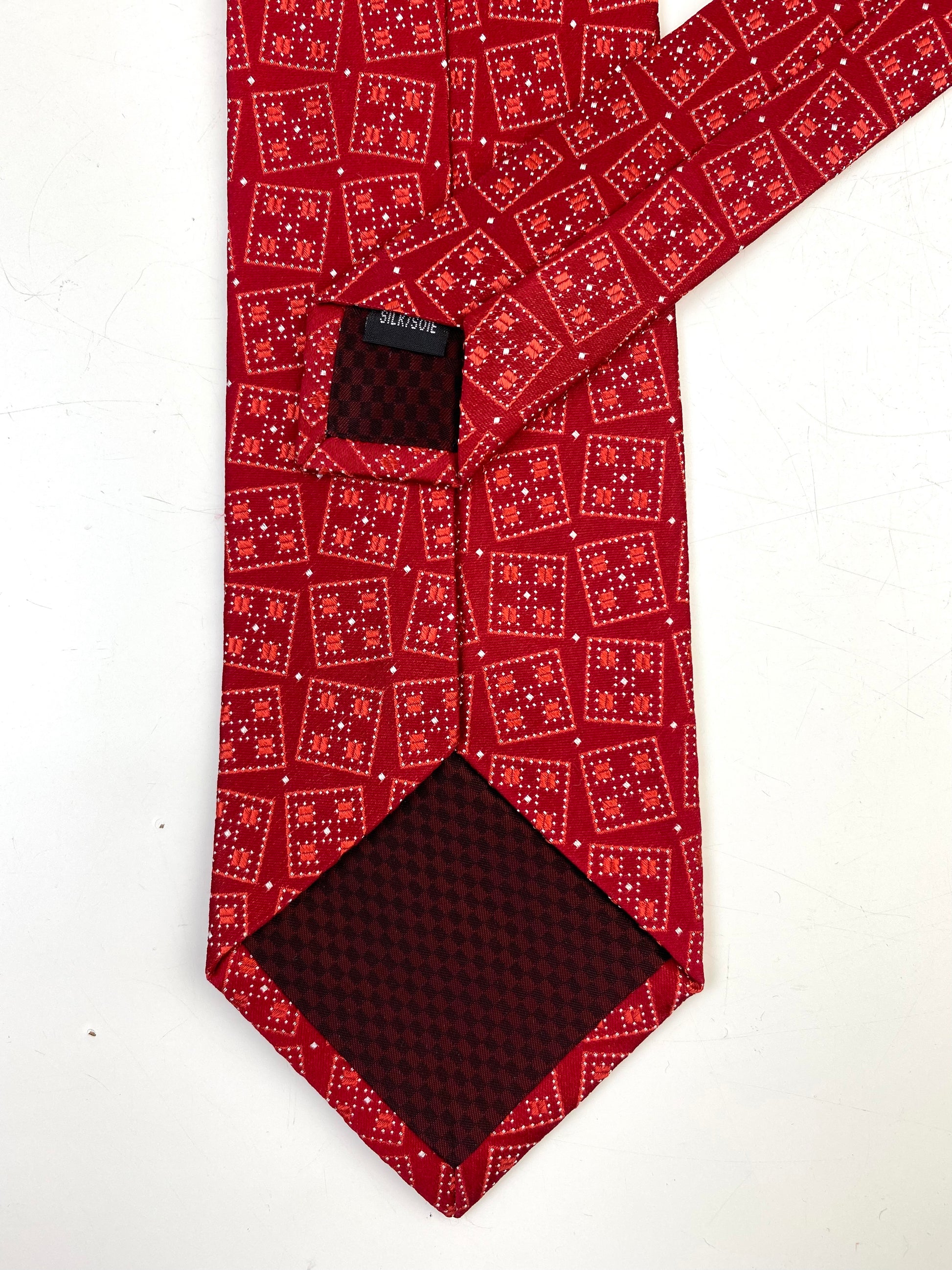 90s Deadstock Silk Necktie, Men's Vintage Red Geometric Pattern Tie, NOS