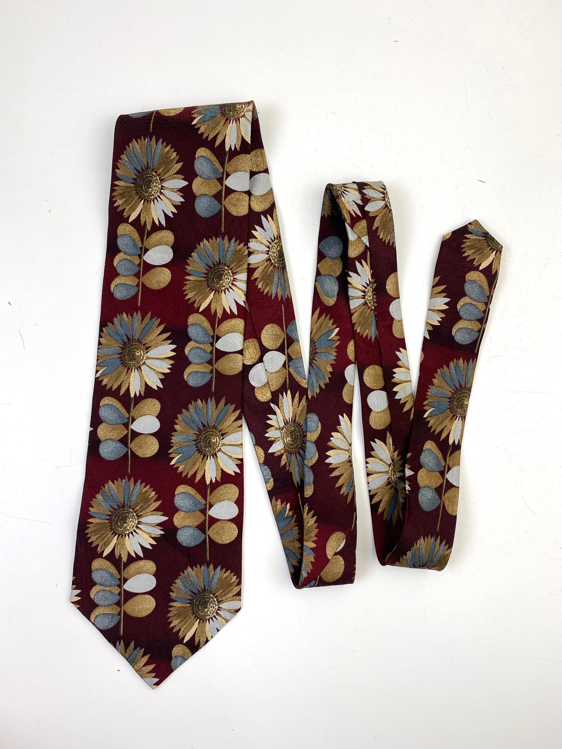 Front of: 90s Deadstock Silk Necktie, Men's Vintage Wine/ Gold/ Silver Floral Pattern Tie, NOS