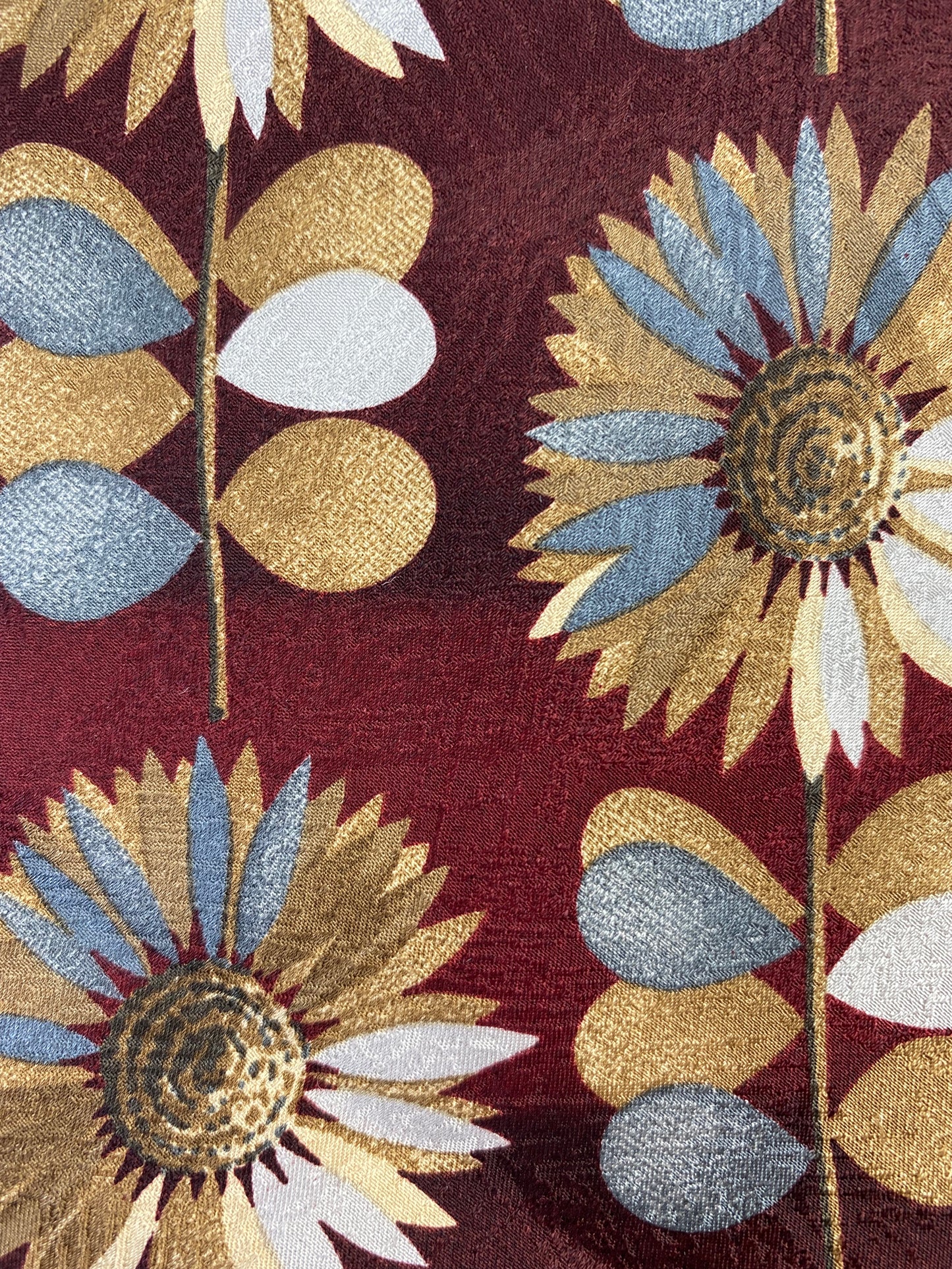 Close-up of: 90s Deadstock Silk Necktie, Men's Vintage Wine/ Gold/ Silver Floral Pattern Tie, NOS