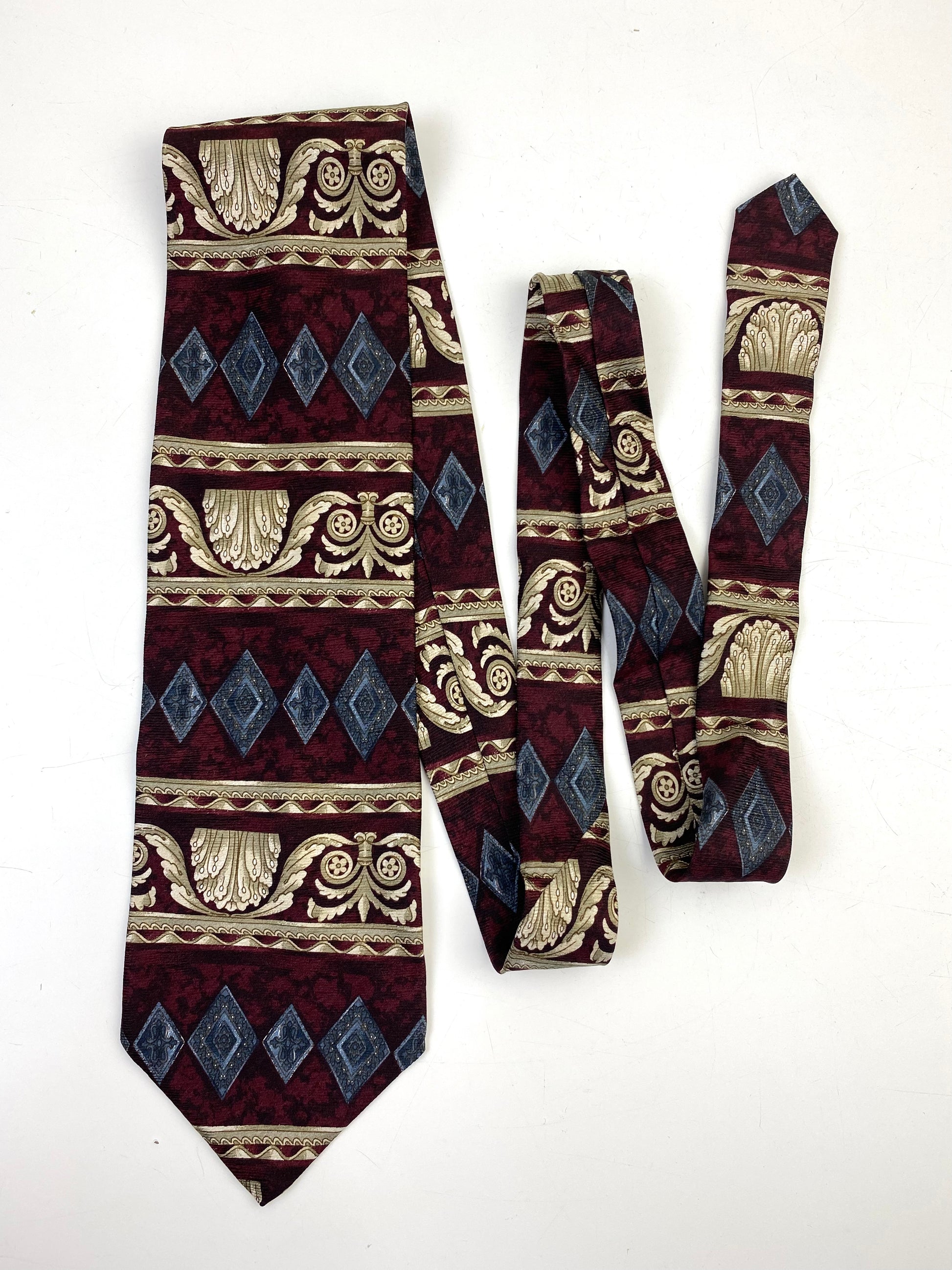 Front of: 90s Deadstock Silk Necktie, Men's Vintage Wine/ Taupe/ Blue Classical Pattern Tie, NOS