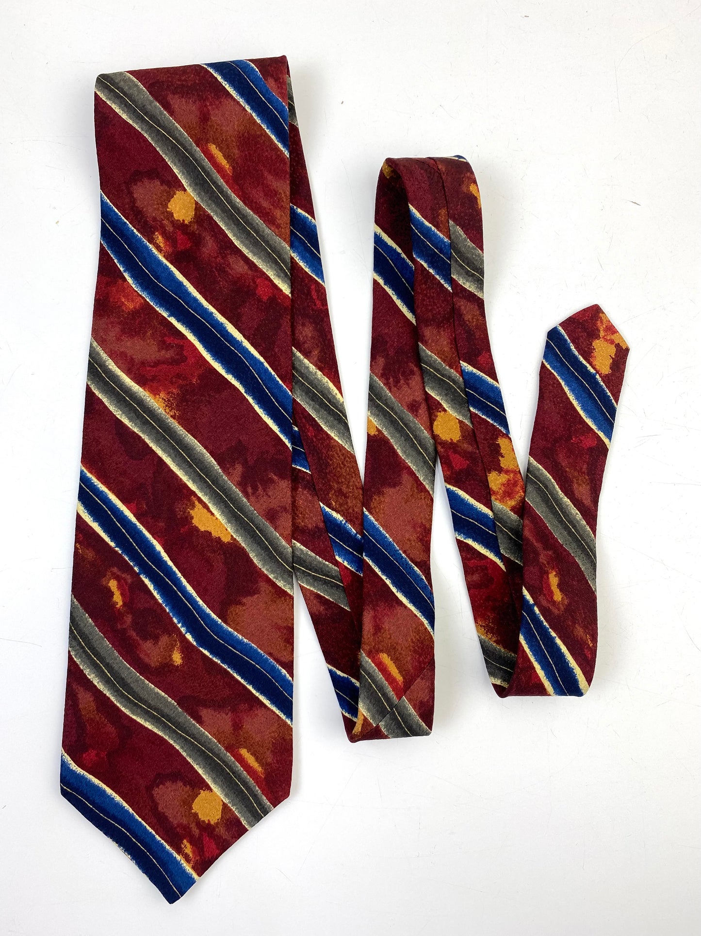 Front of: 90s Deadstock Silk Necktie, Men's Vintage Wine/ Green/ Blue Watercolour Diagonal Stripe Pattern Tie, NOS