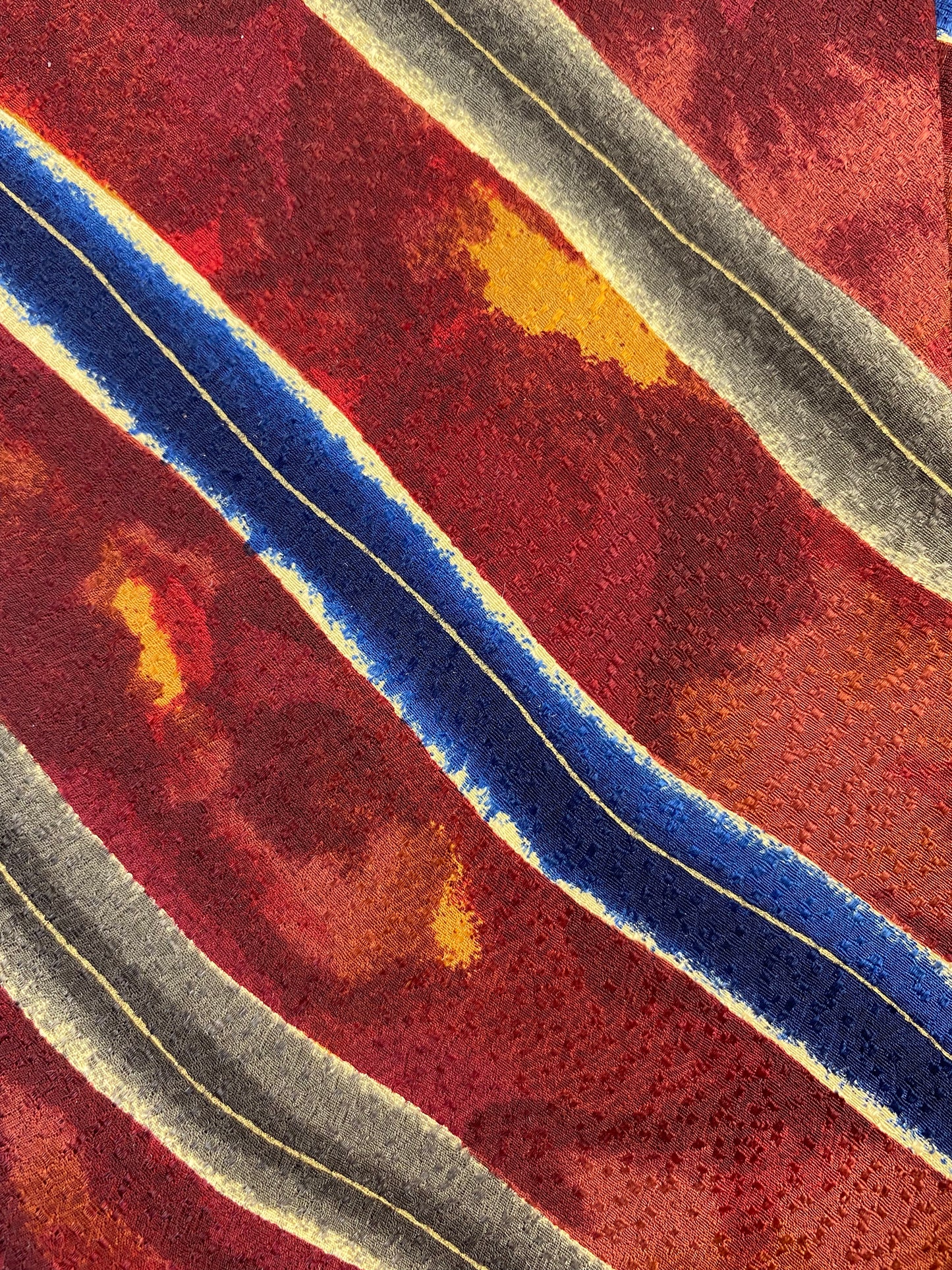 Close-up of: 90s Deadstock Silk Necktie, Men's Vintage Wine/ Green/ Blue Watercolour Diagonal Stripe Pattern Tie, NOS