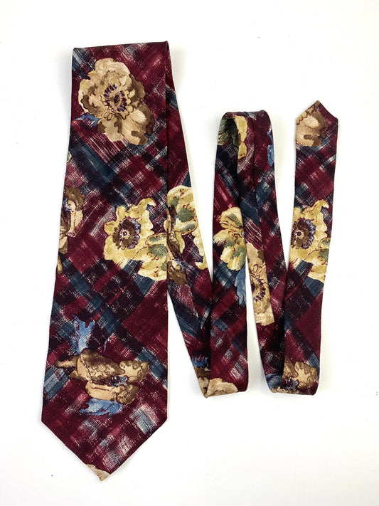Front of: 90s Deadstock Silk Necktie, Men's Vintage Wine/ Blue Floral Pattern Tie, NOS