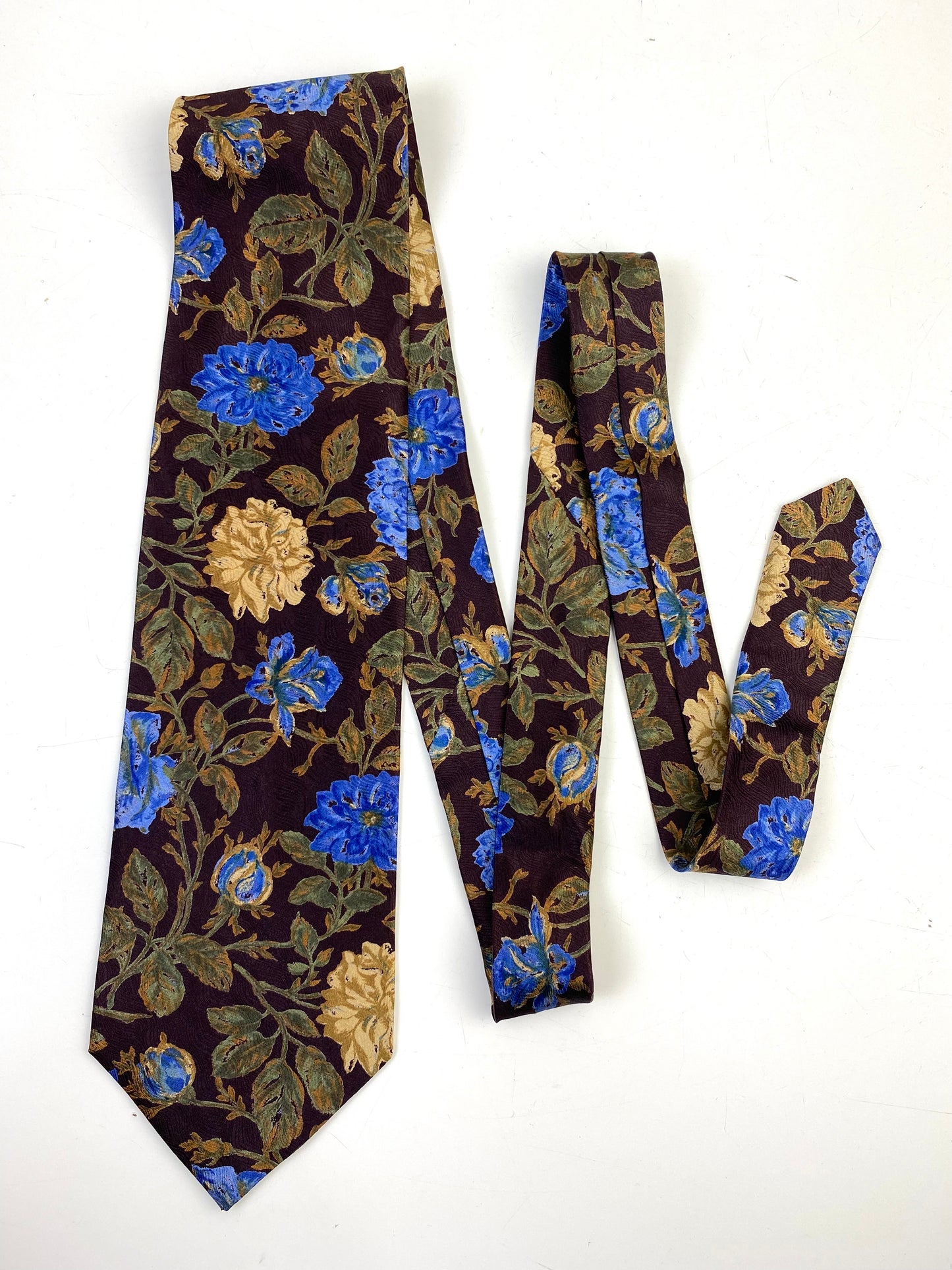 Front of: 90s Deadstock Silk Necktie, Men's Vintage Wine/ Green/ Blue Floral Pattern Tie, NOS