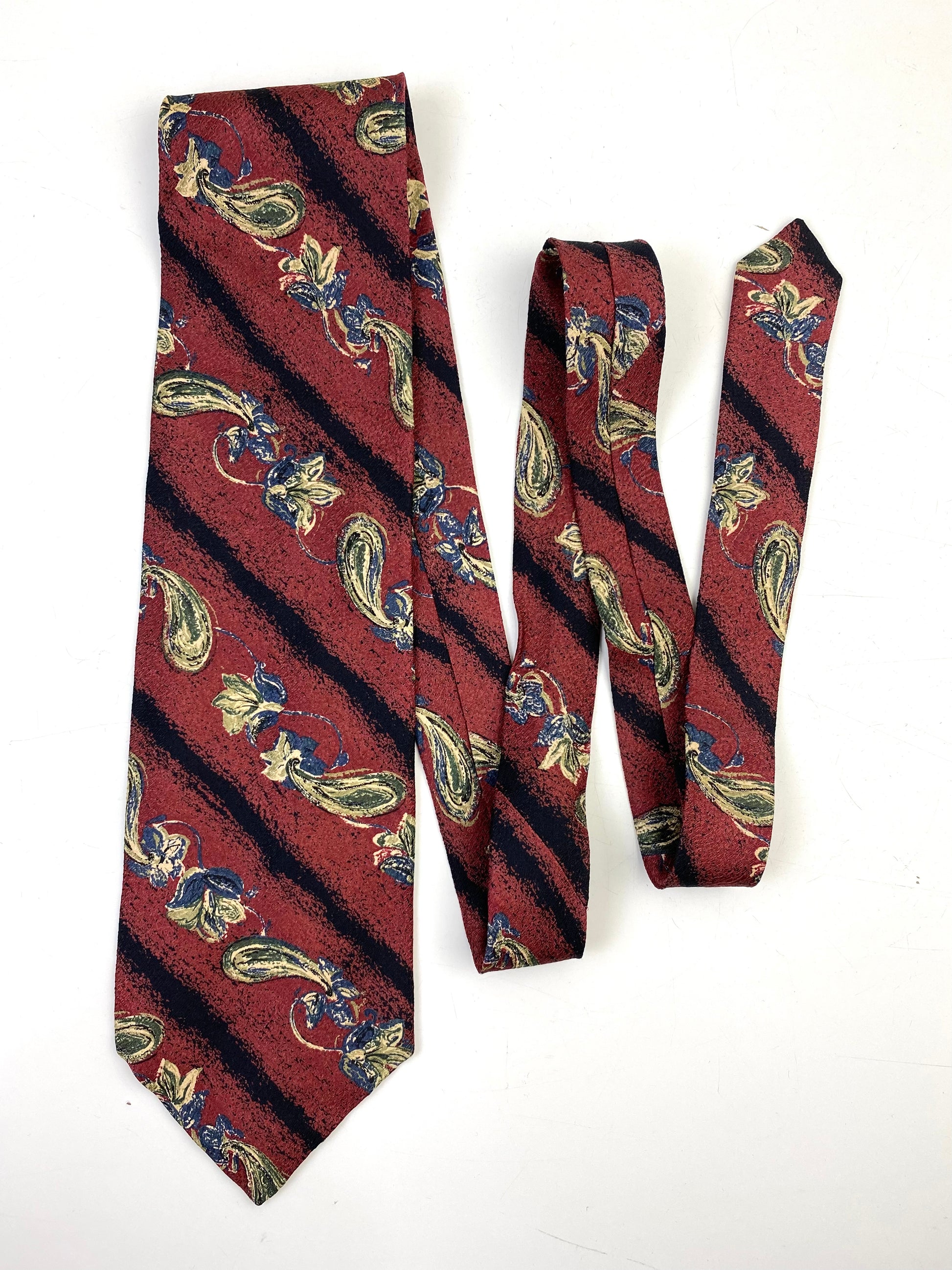 Front of: 90s Deadstock Silk Necktie, Men's Vintage Wine Paisley Boteh & Diagonal Stripe Pattern Tie, NOS
