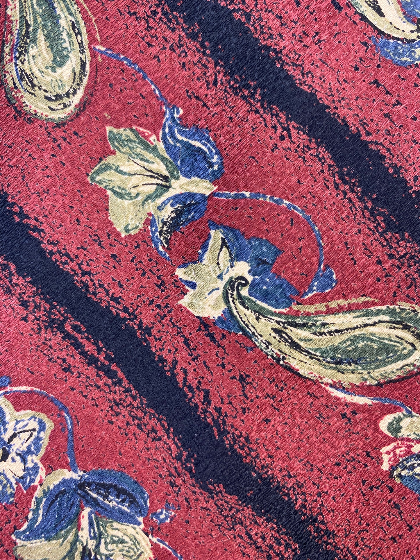 Close-up of: 90s Deadstock Silk Necktie, Men's Vintage Wine Paisley Boteh & Diagonal Stripe Pattern Tie, NOS