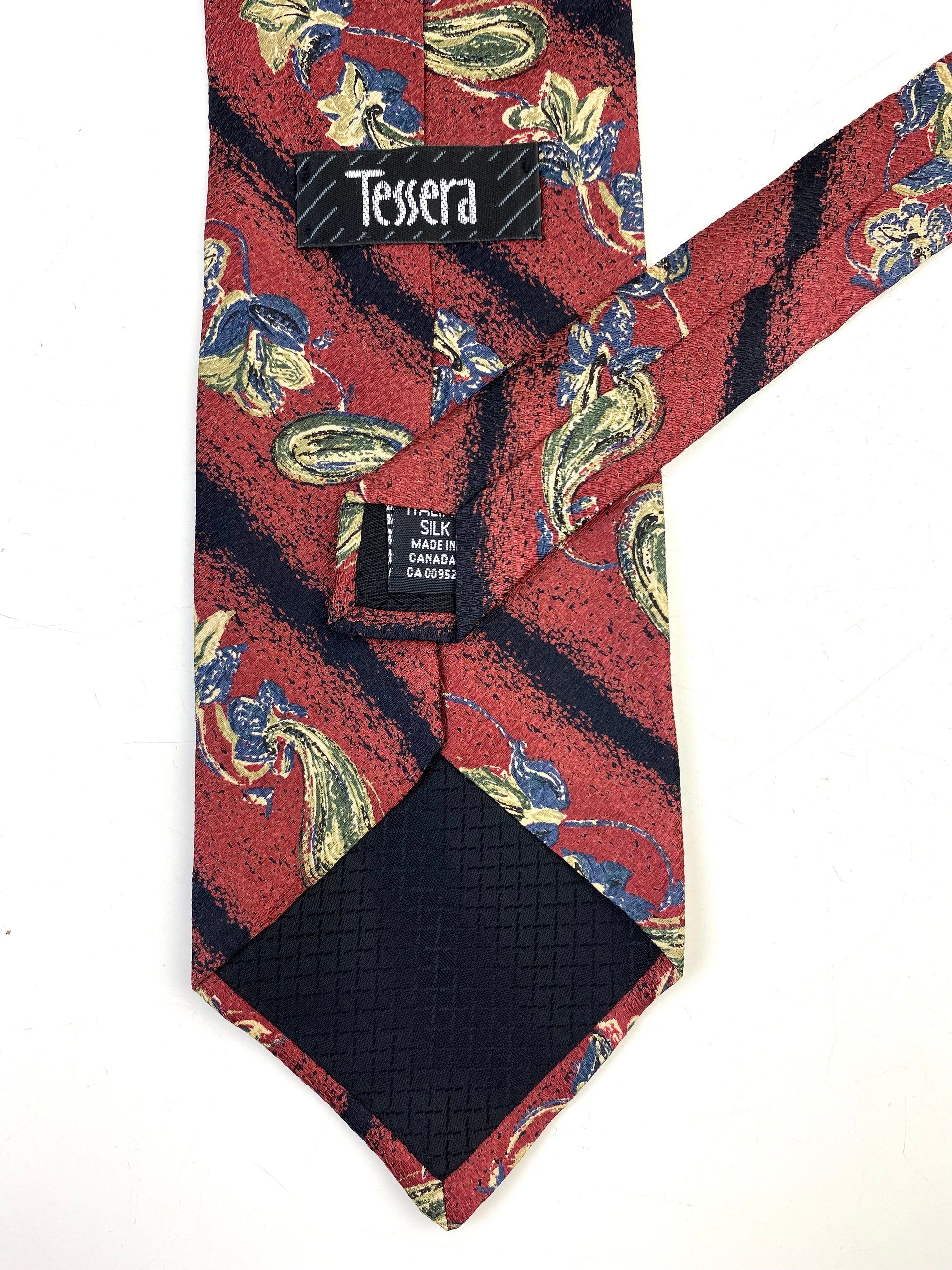 Back and labels of: 90s Deadstock Silk Necktie, Men's Vintage Wine Paisley Boteh & Diagonal Stripe Pattern Tie, NOS
