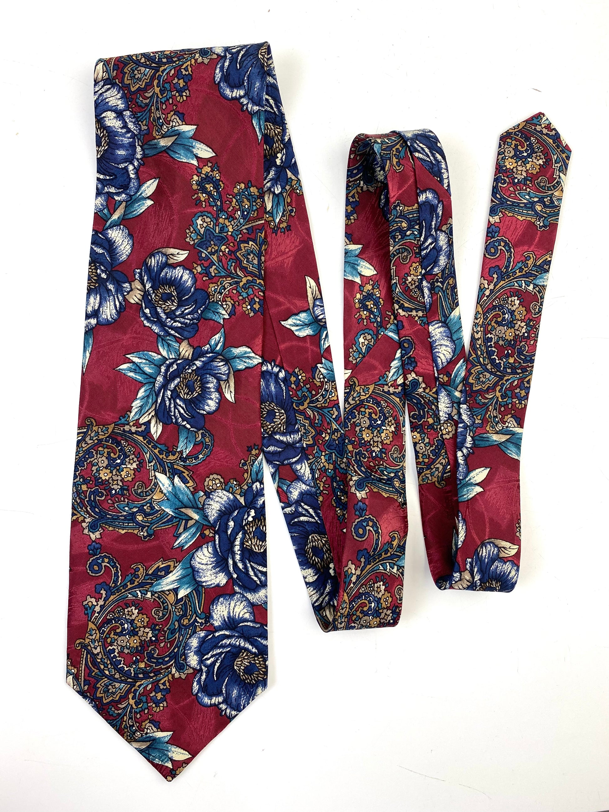Front of: 90s Deadstock Silk Necktie, Men's Vintage Wine/ Navy Oriental Floral Pattern Tie, NOS