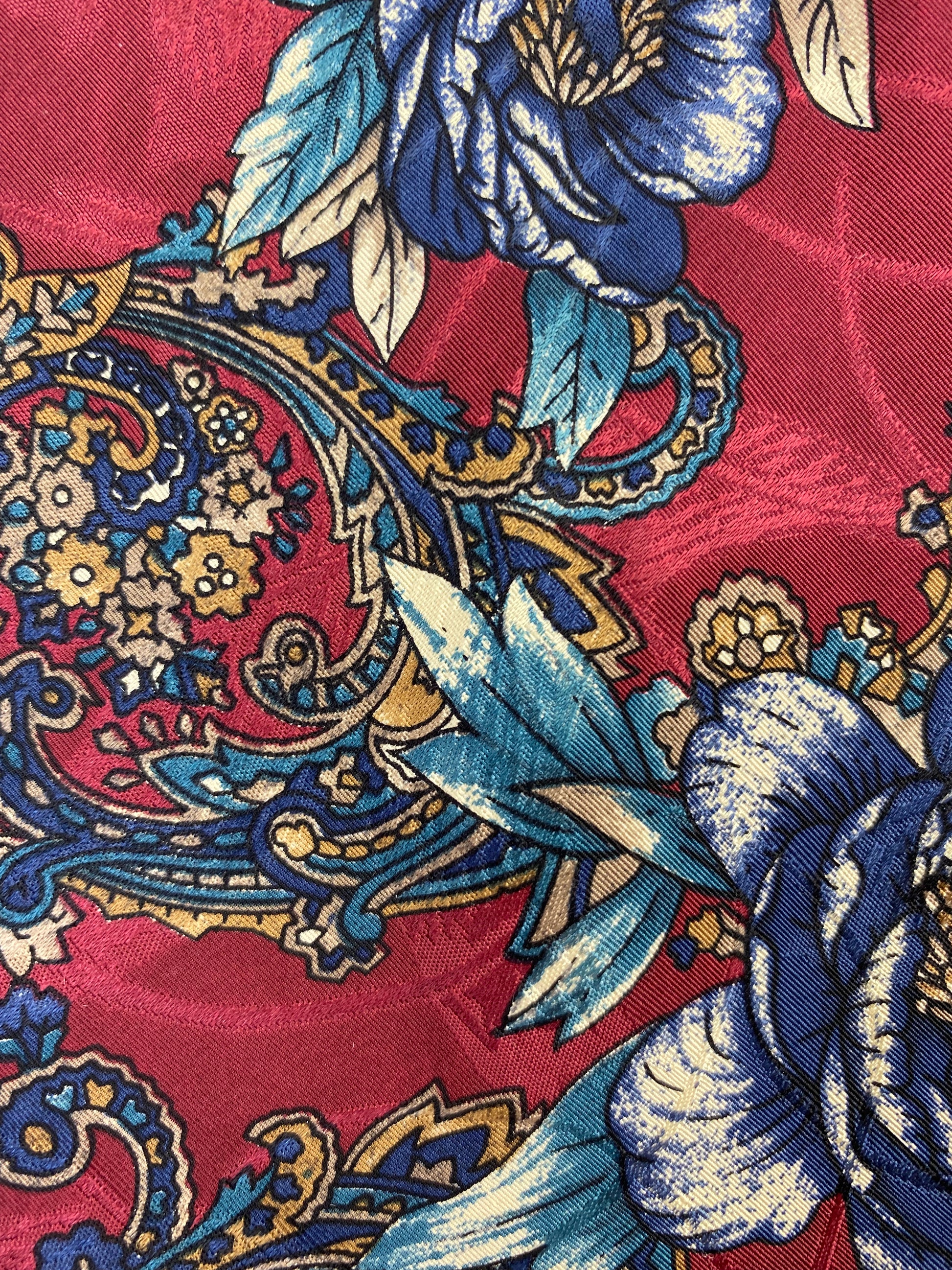 Close-up of: 90s Deadstock Silk Necktie, Men's Vintage Wine/ Navy Oriental Floral Pattern Tie, NOS