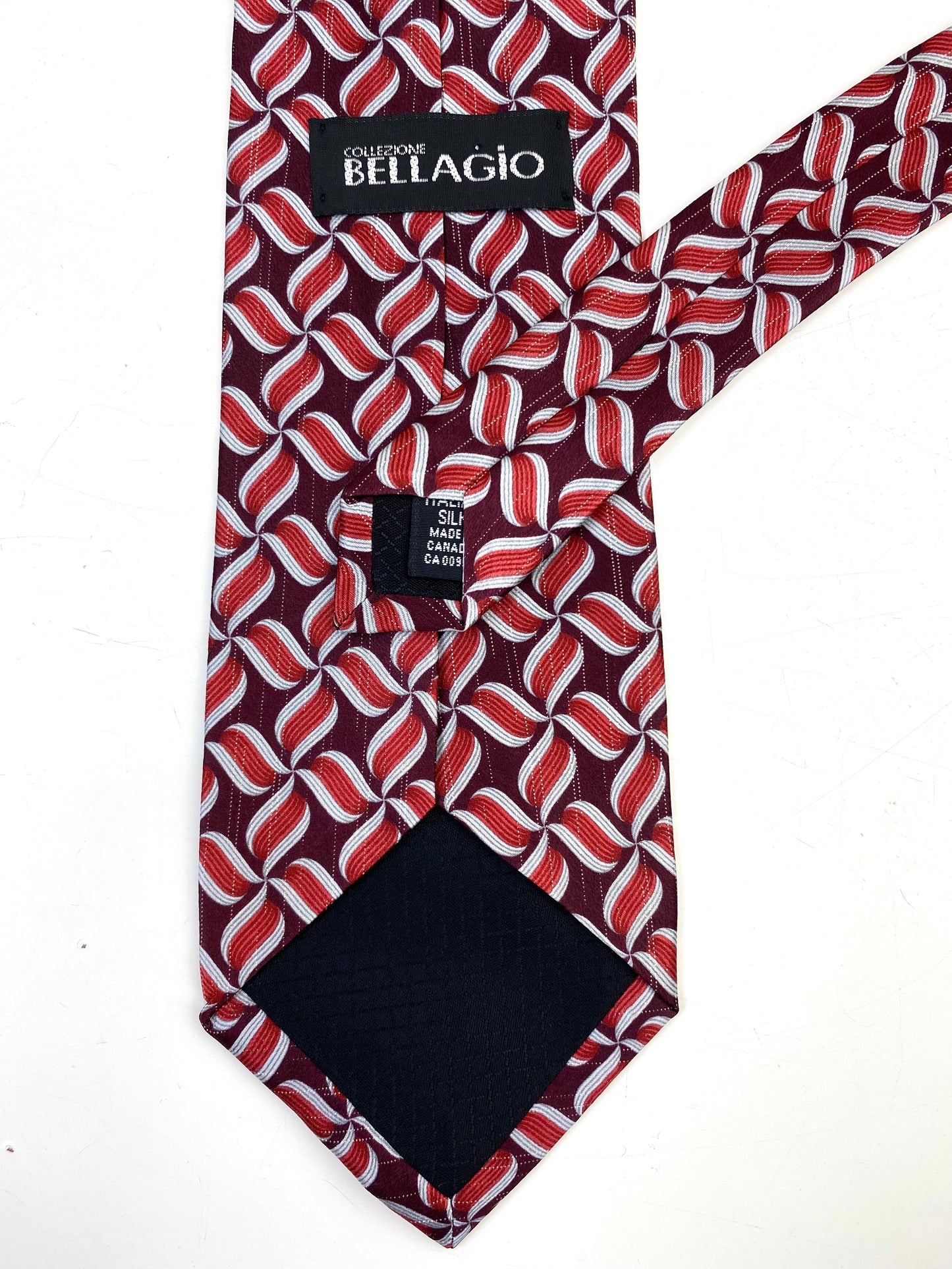 Back and labels of: 90s Deadstock Silk Necktie, Men's Vintage Wine Geometric Pattern Tie, NOS