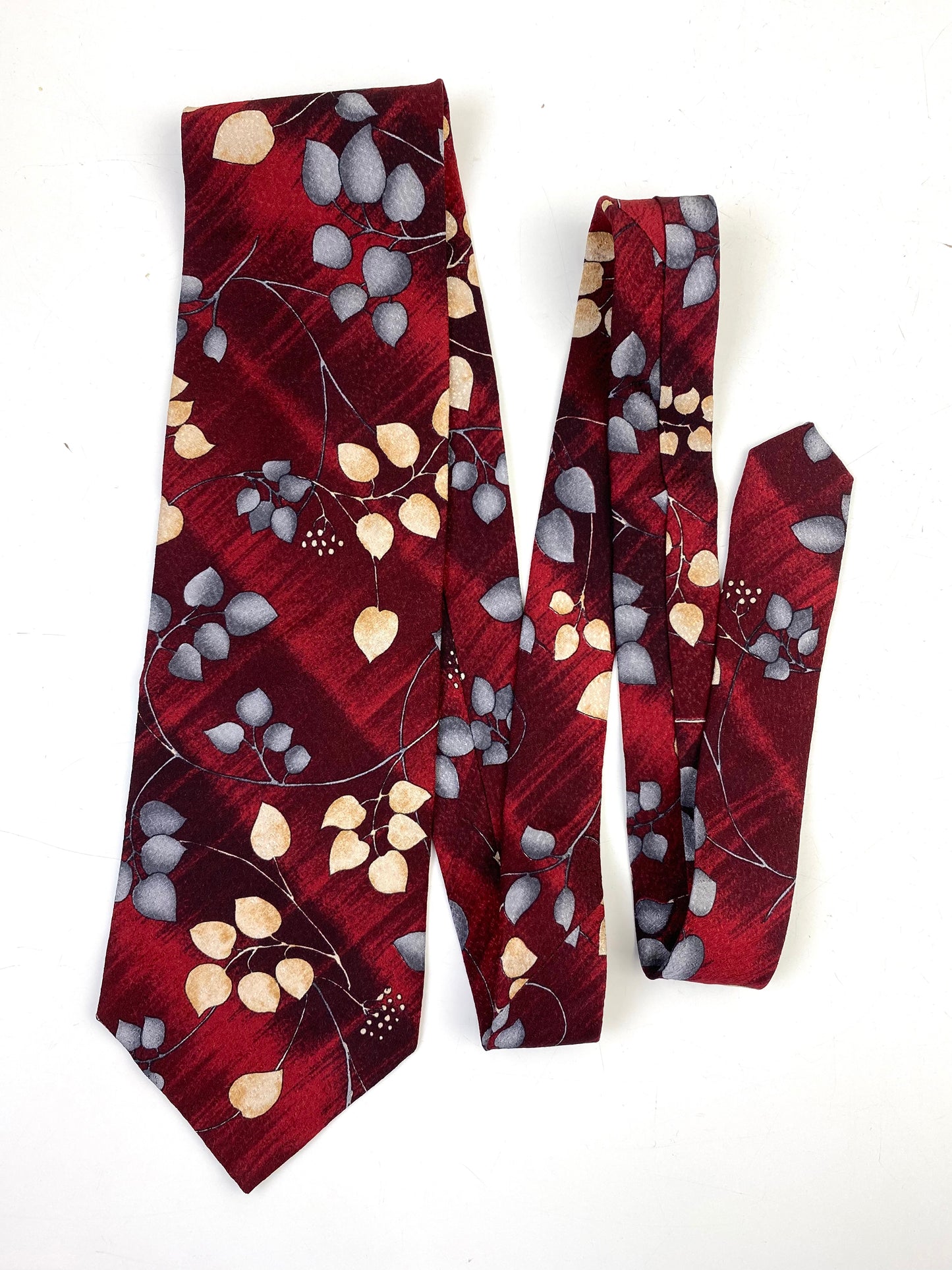 Front of: 90s Deadstock Silk Necktie, Men's Vintage Wine/ Blue Botanical Pattern Tie, NOS