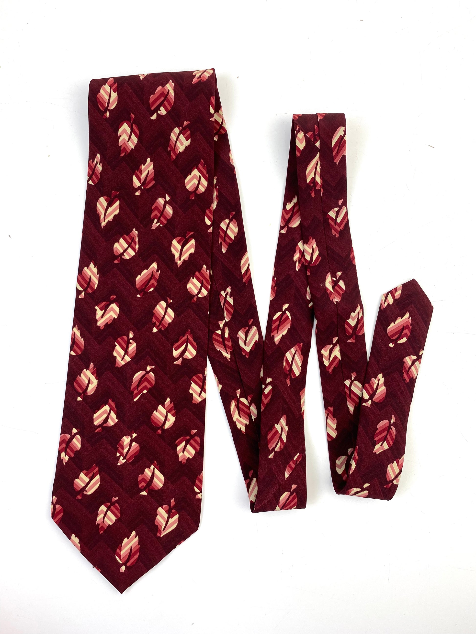 Front of: 90s Deadstock Silk Necktie, Men's Vintage Wine/ Blue Leaf Pattern Tie, NOS