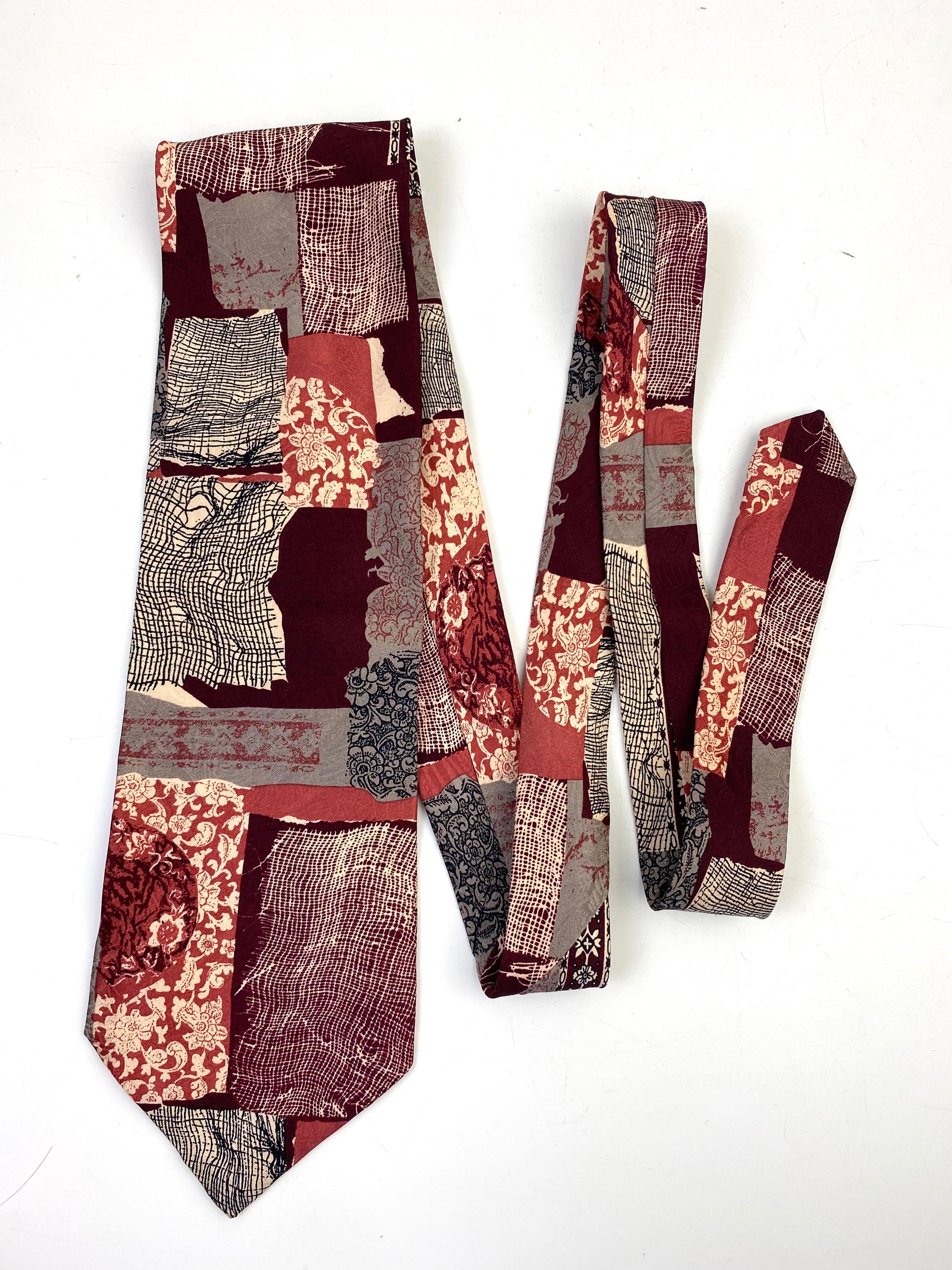 Front of: 90s Deadstock Silk Necktie, Men's Vintage Wine/ Grey Abstract Pattern Tie, NOS