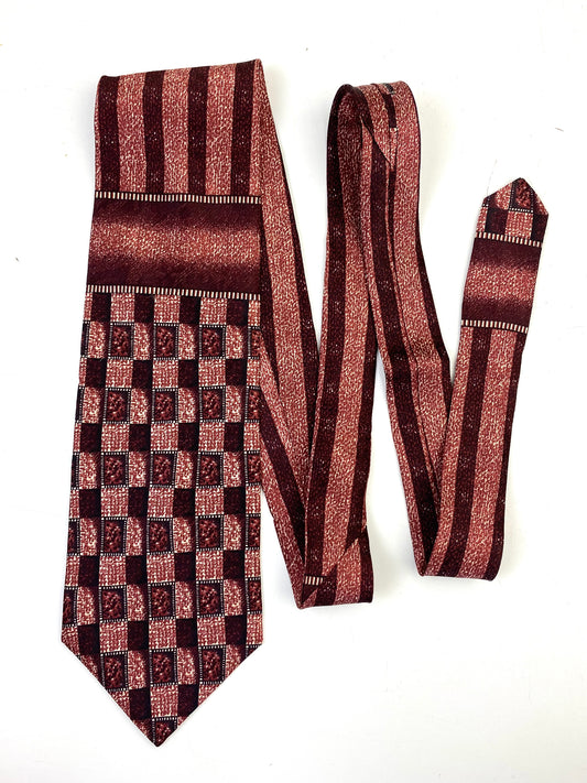 Front of: 90s Deadstock Silk Necktie, Men's Vintage Wine Check & Stripe Pattern Tie, NOS