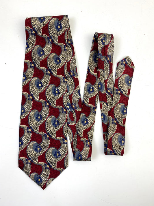 Front of: 90s Deadstock Silk Necktie, Men's Vintage Wine/ Blue Abstract Floral Pattern Tie, NOS