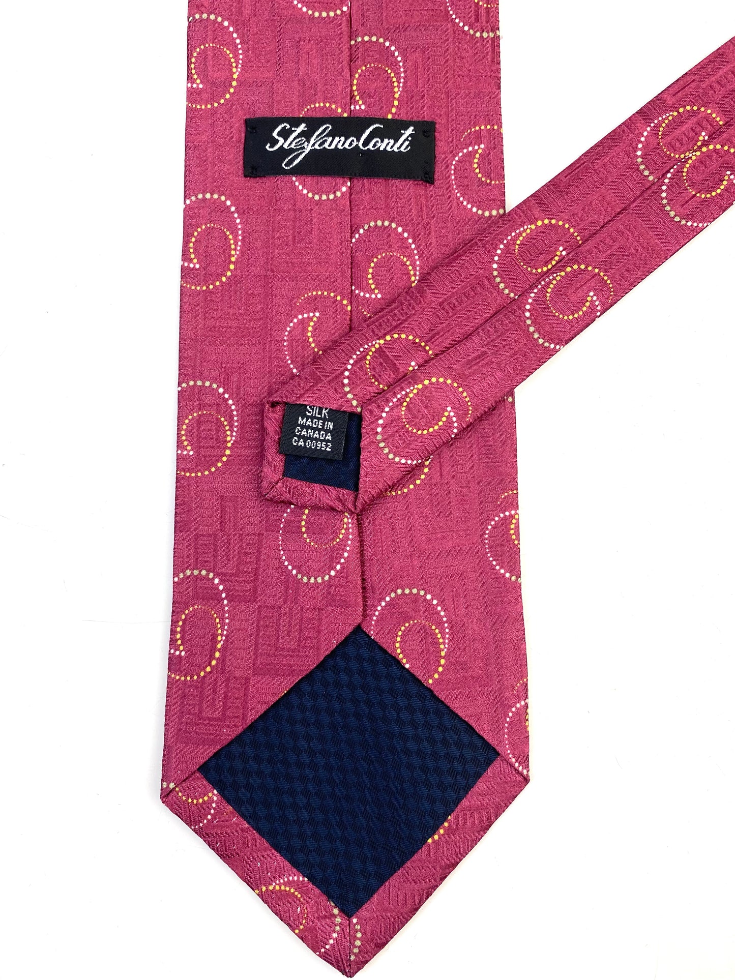 Back and labels of: 90s Deadstock Silk Necktie, Men's Vintage Wine Swirl Pattern Tie, NOS