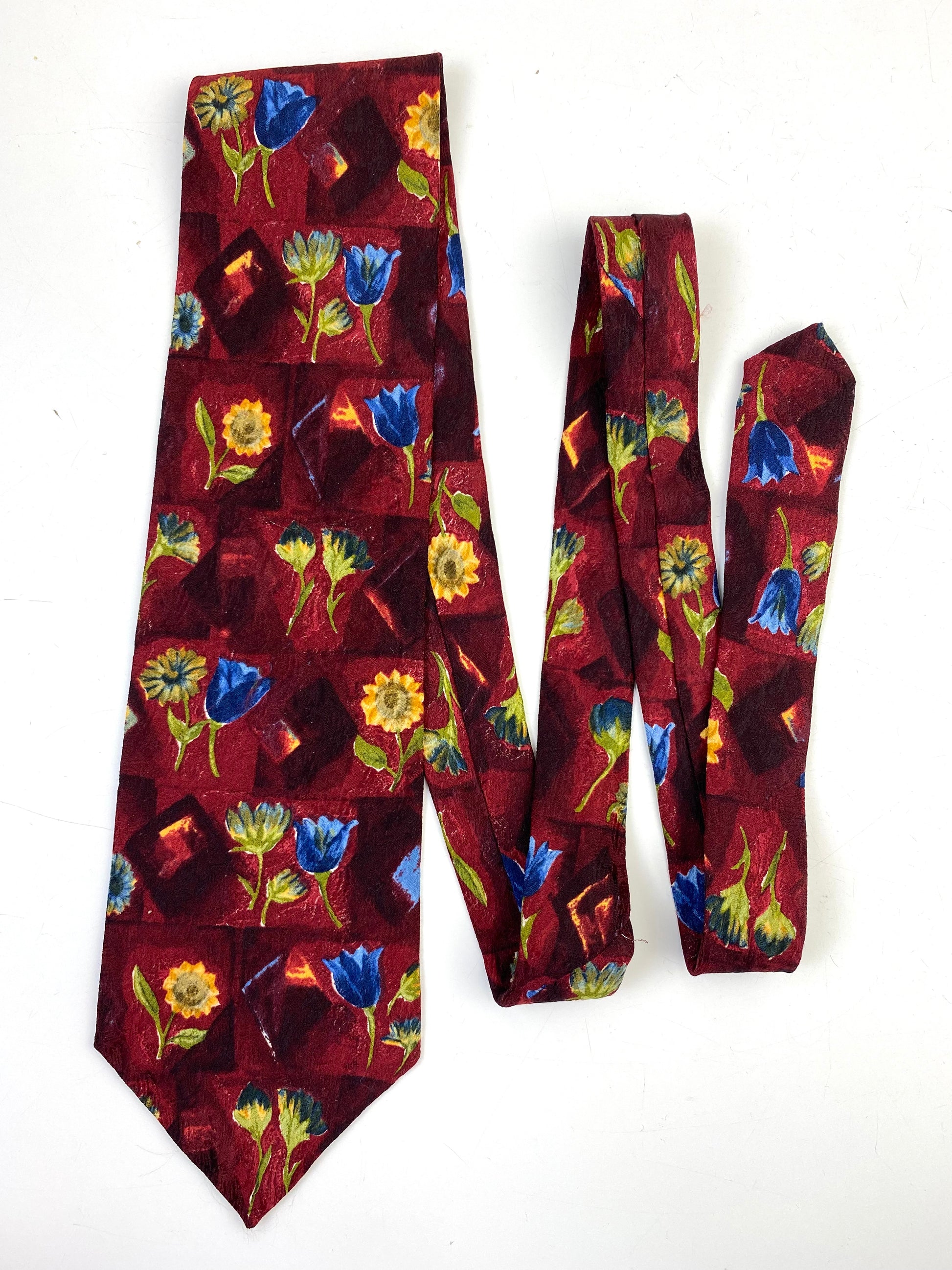 90s Deadstock Silk Necktie, Men's Vintage Wine Sunflower & Tulip Pattern Tie, NOS