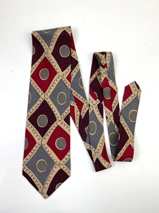 90s Deadstock Silk Necktie, Men's Vintage Wine/ Blue Check Dot Pattern Tie, NOS