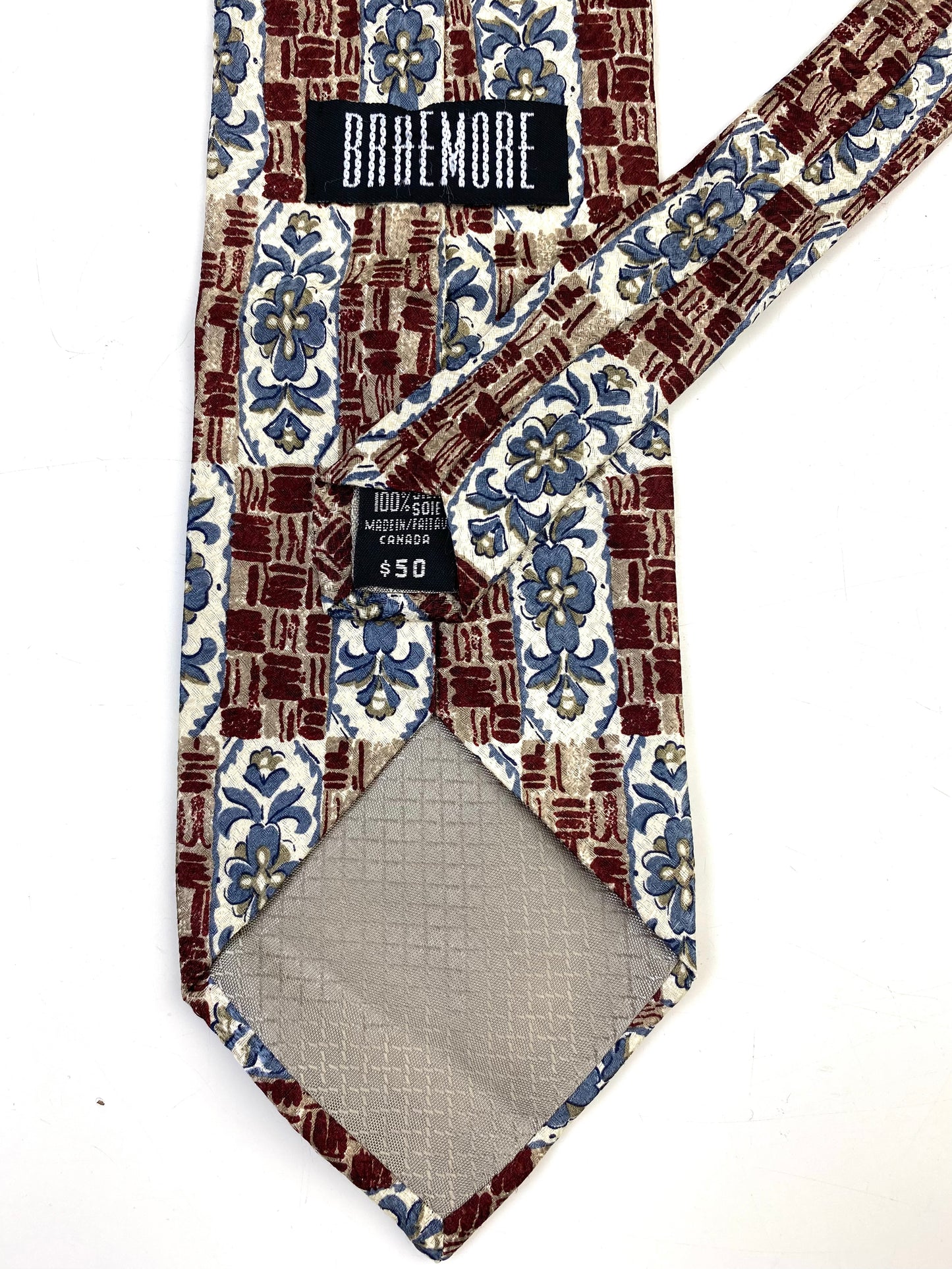 90s Deadstock Silk Necktie, Men's Vintage Wine/ Blue Floral Decal Pattern Tie, NOS