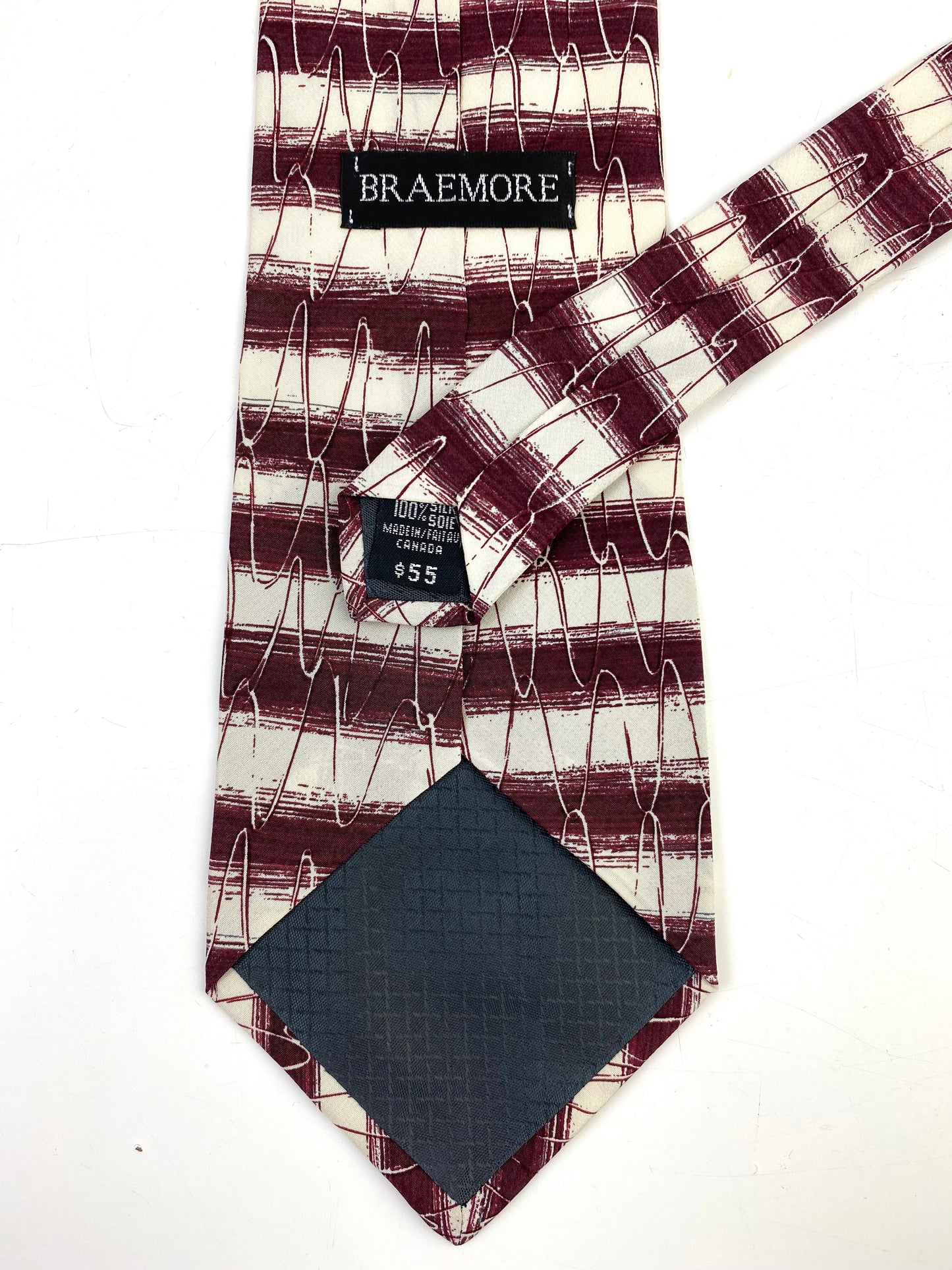 90s Deadstock Silk Necktie, Men's Vintage Wine/ Cream Horizontal Stripe Pattern Tie, NOS