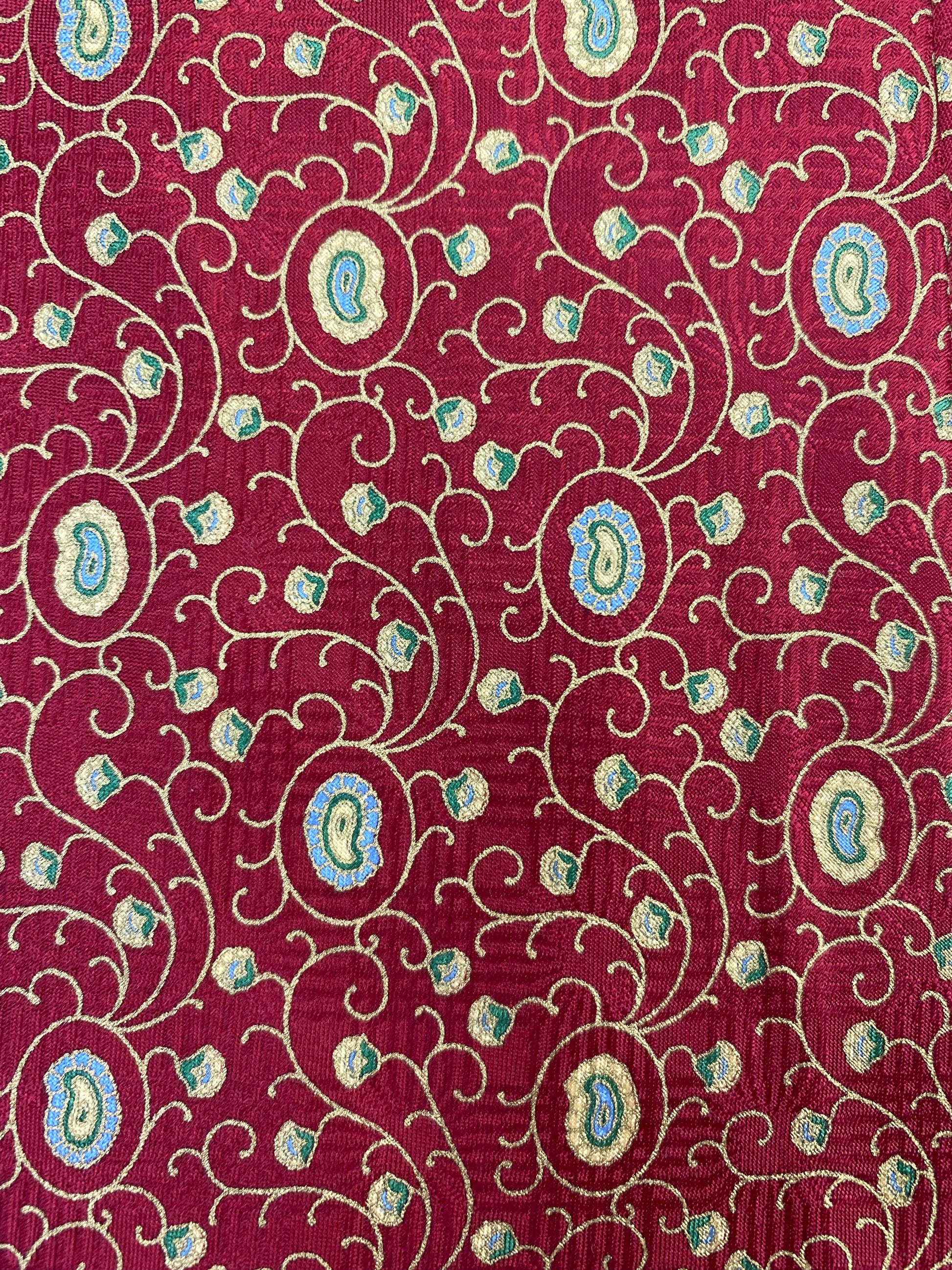 90s Deadstock Silk Necktie, Men's Vintage Red/ Gold Boteh & Vine Pattern Tie, NOS