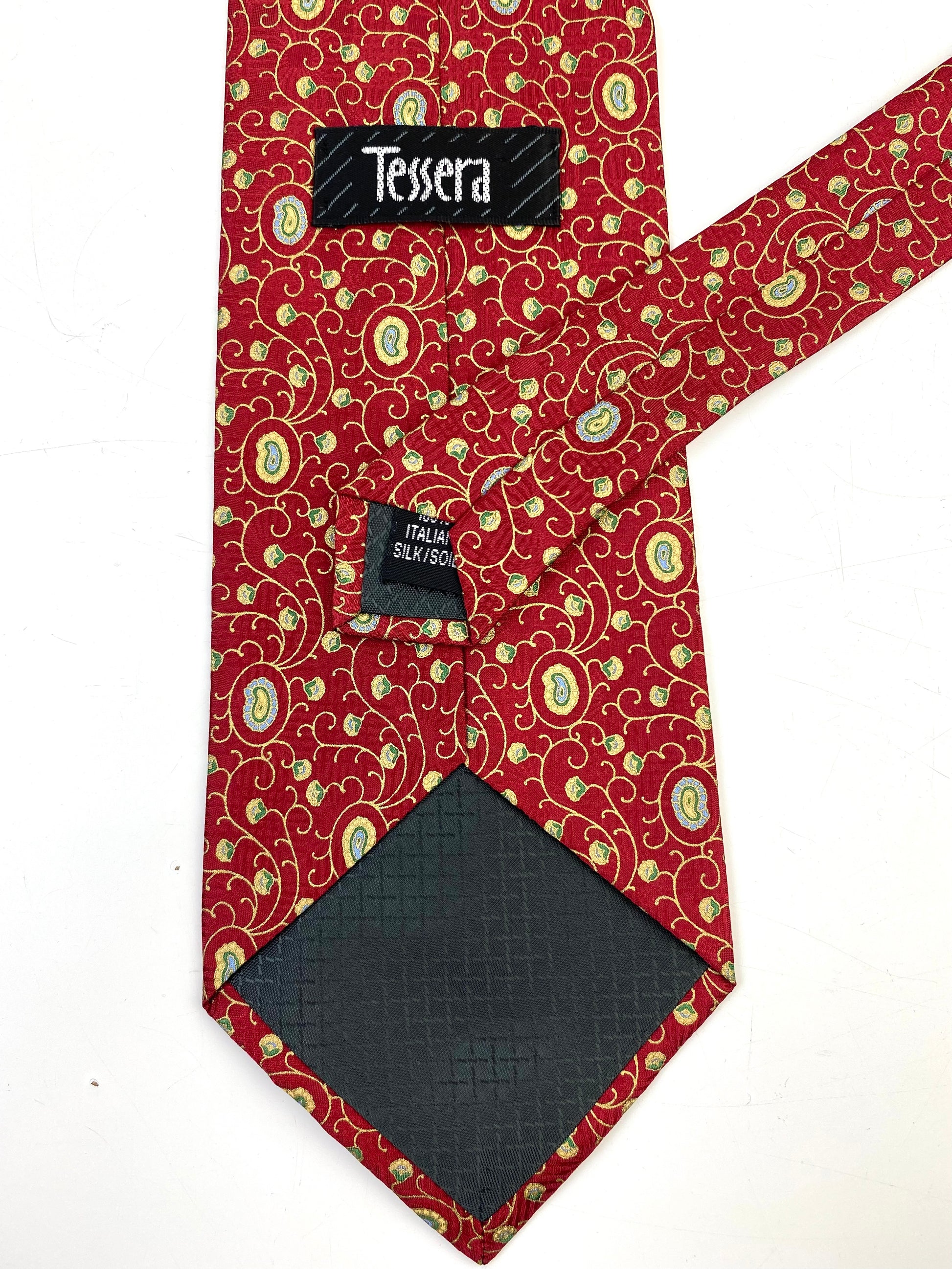 90s Deadstock Silk Necktie, Men's Vintage Red/ Gold Boteh & Vine Pattern Tie, NOS
