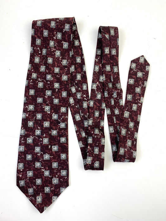 90s Deadstock Silk Necktie, Men's Vintage Brown-Wine Square Tile Pattern Tie, NOS
