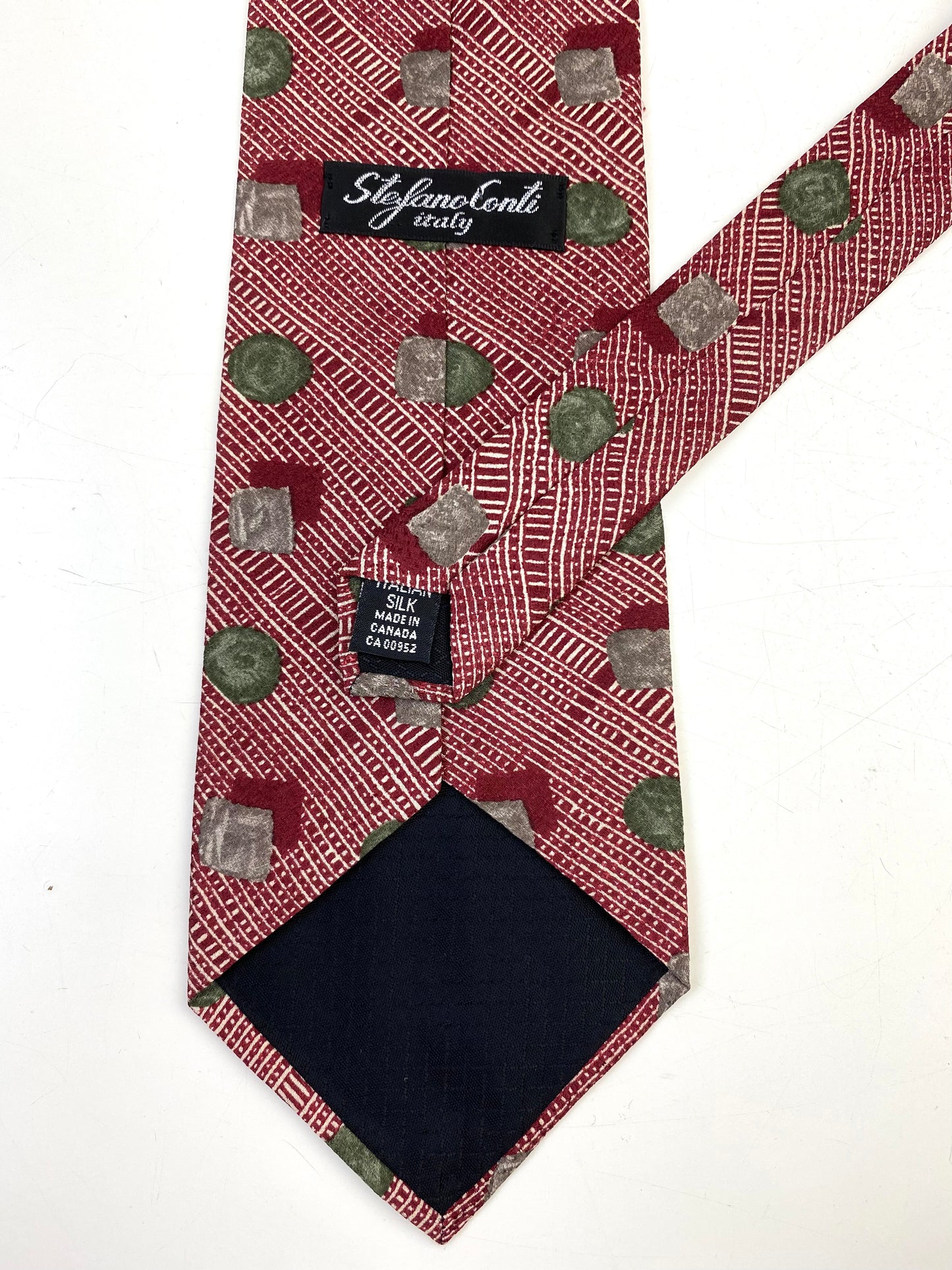 90s Deadstock Silk Necktie, Men's Vintage Wine/ Green/ Grey Square Dot Pattern Tie, NOS