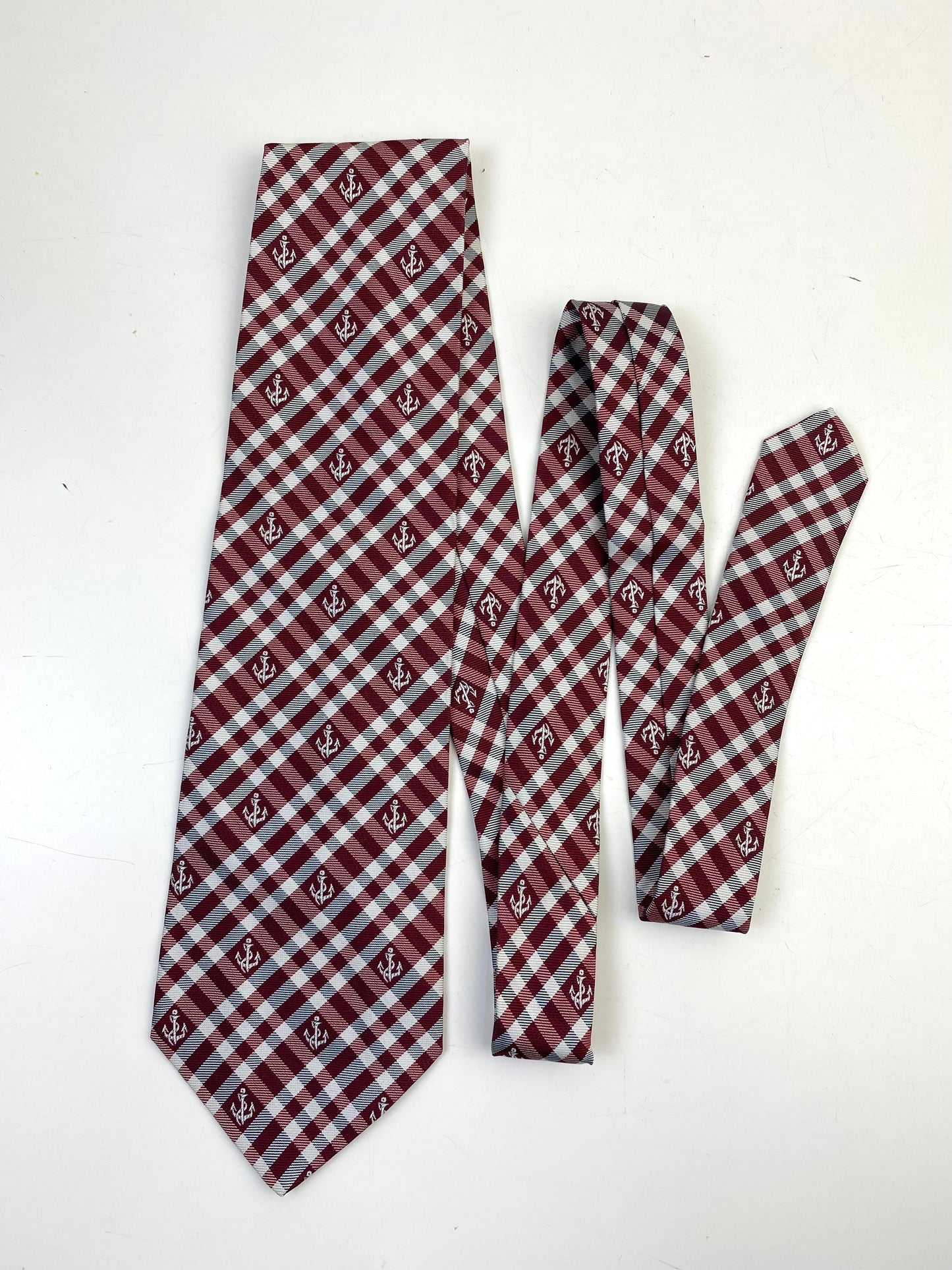 90s Deadstock Silk Necktie, Men's Vintage Wine/ Grey Plaid Anchor Pattern Tie, NOS